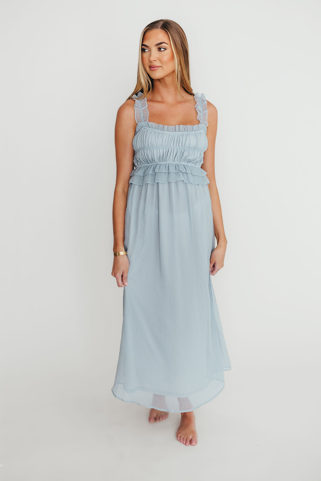 Elegant Blue Demi Ruffle Midi Dress for Women | Flowy Summer Dress for Beach, Wedding & Date Night