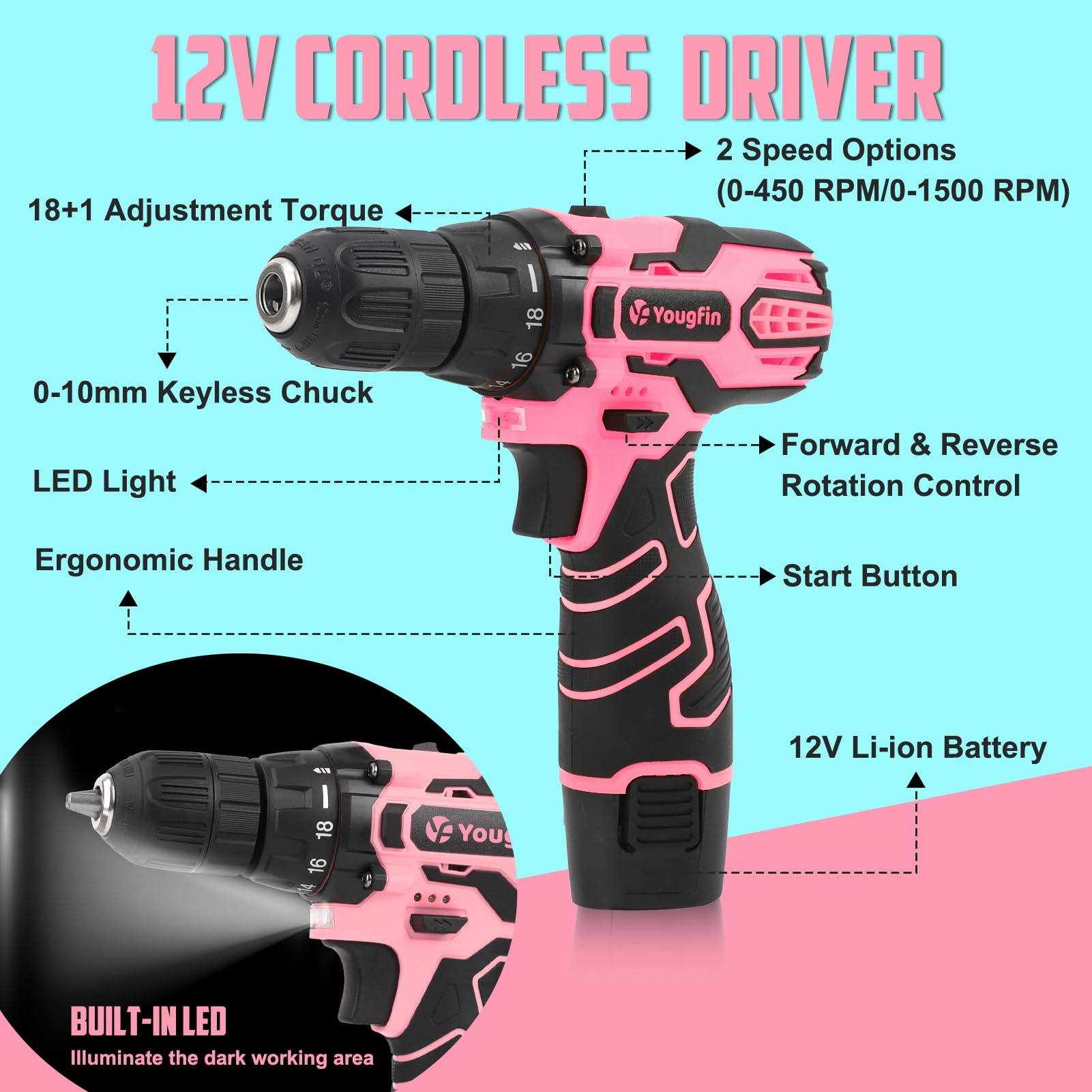 YOUGFIN 12V Pink Cordless Drill Set for Women - 195-Piece Home & Office Repair Tool Kit with Pink Tool Box - Perfect for DIY Projects, Furniture Assembly, and Household Improvements