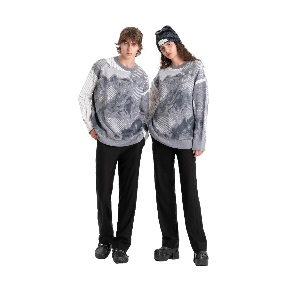 Stylish Grey Jacquard Jumper with Landscape Painting Design - Perfect for Casual Outfits, Office Wear & Autumn Fashion