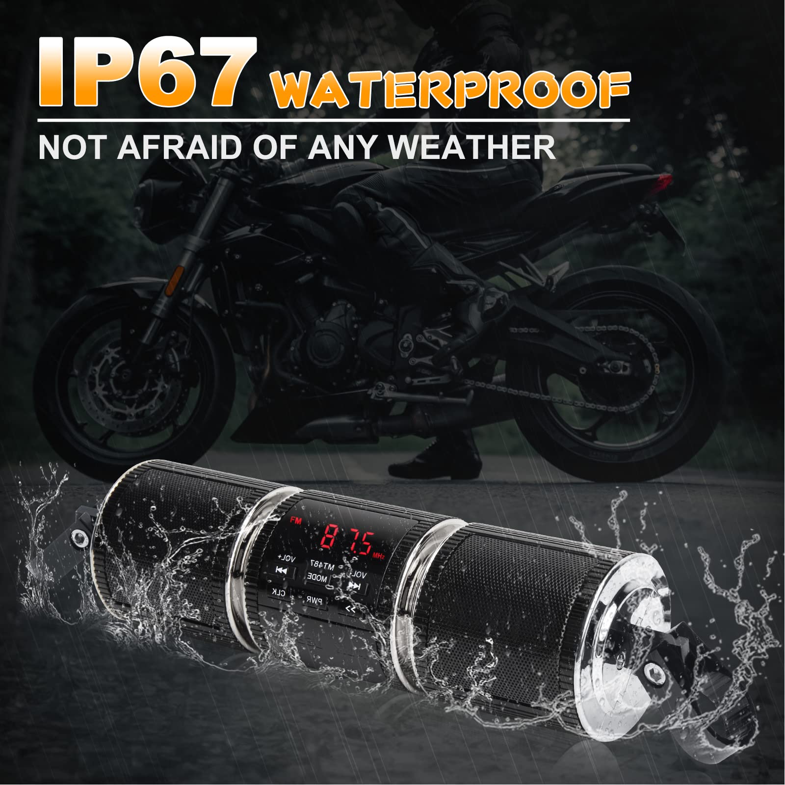 Motorcycle Speaker Systems BT Waterproof Stereo Speakers Bar Mount 7/8-1.25 inch with AUX-in, USB, microSD, FM Radio, Audio Amplifier System for Motorcycle ATV UTV (MT487) - Perfect for Outdoor Adventures and Road Trips