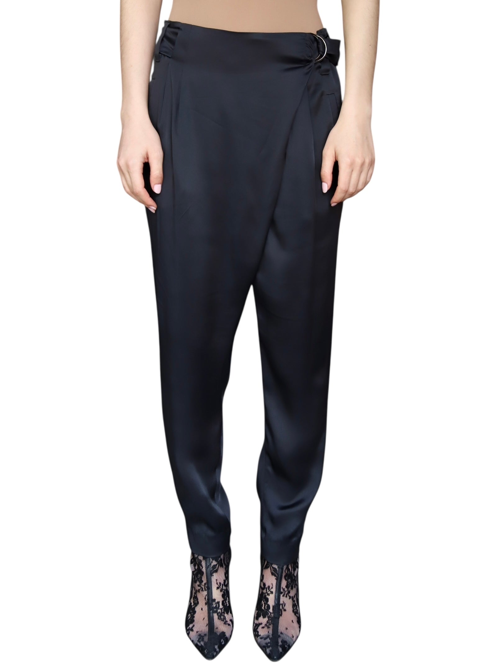 Brunello Cucinelli Black Satin Wrap Waist Trousers for Women | Size IT 42 / US 6 | Elegant Office Pants, Evening Wear & Special Occasion Outfits