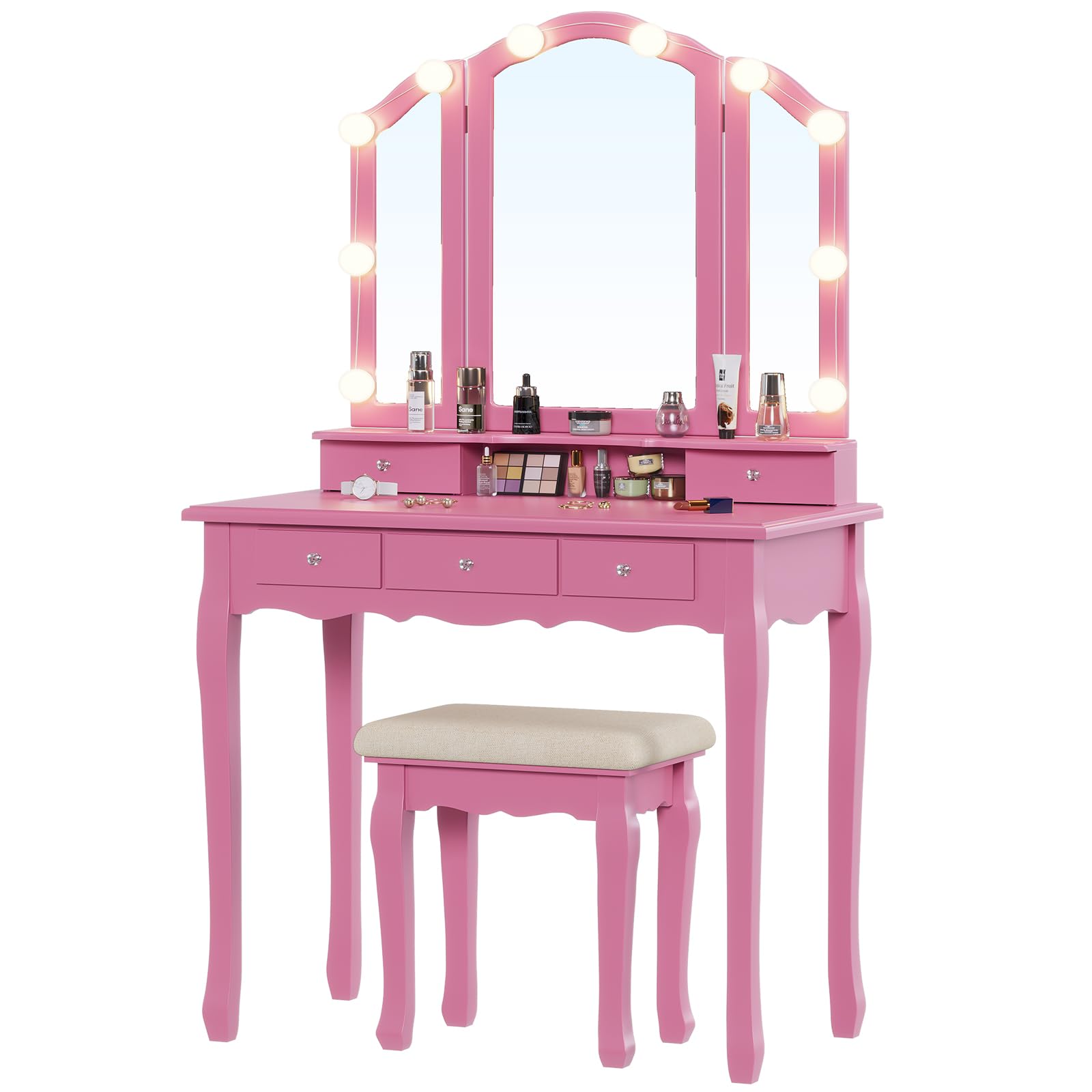 Tiptiper Vanity Desk with Tri-Fold Mirror & LED Lights, Pink Makeup Dressing Table with Wooden Stool, 5 Drawers & 8 Jewelry Hooks - Perfect for Small Spaces, Bedroom Decor & Gift Ideas