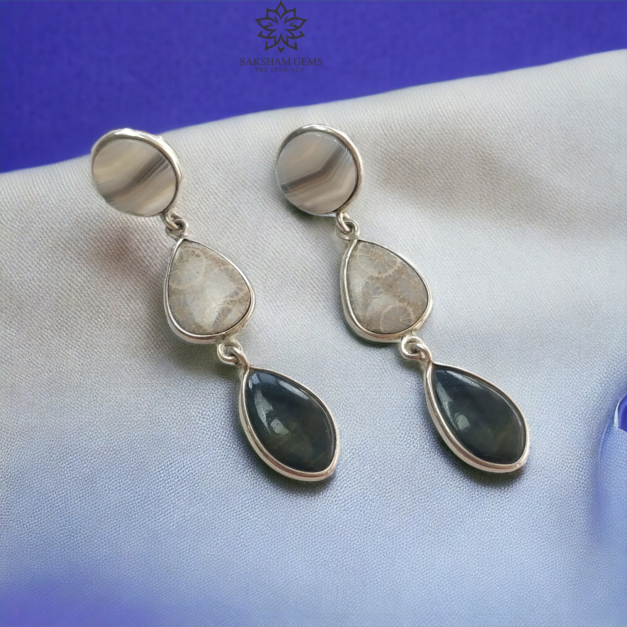 Natural Botswana Agate Gemstone Earrings - 925 Sterling Silver Bi-Color Bezel Set Drop Dangle Earrings (2.5