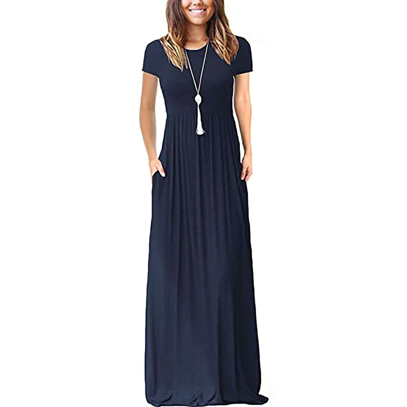 Lucktop Women's Solid Color Long Maxi Dress - Short Sleeve Loose Casual Summer Dress with Pockets | Perfect for Beach, Vacation, and Everyday Wear