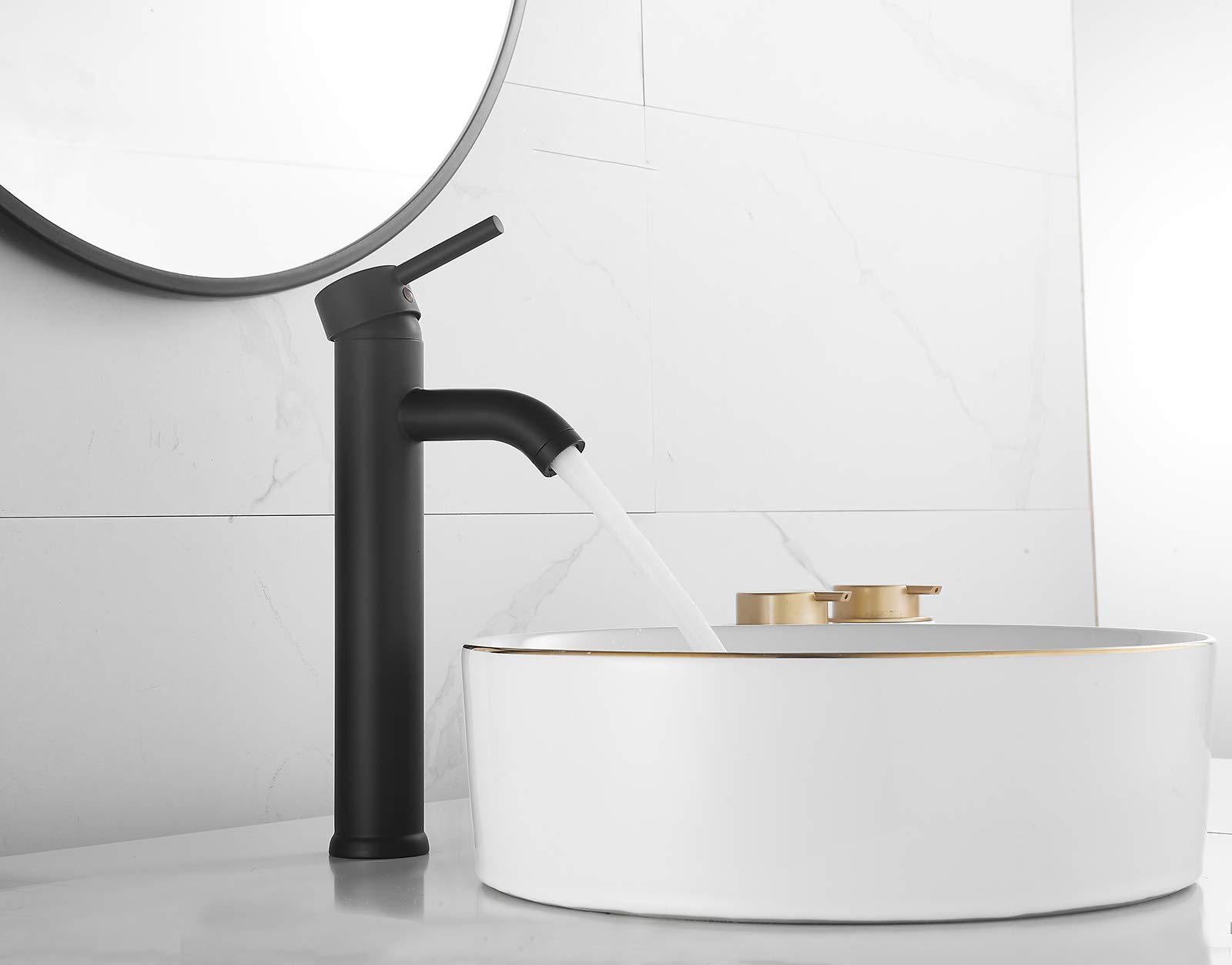Black Single Handle Tall Vessel Sink Faucet - Farmhouse Bathroom Vanity Faucet with Deck Mount for Bowl Sinks, Lavatory Basin Mixer Tap with Supply Lines (Perfect for Modern Farmhouse, Commercial & Residential Bathrooms)