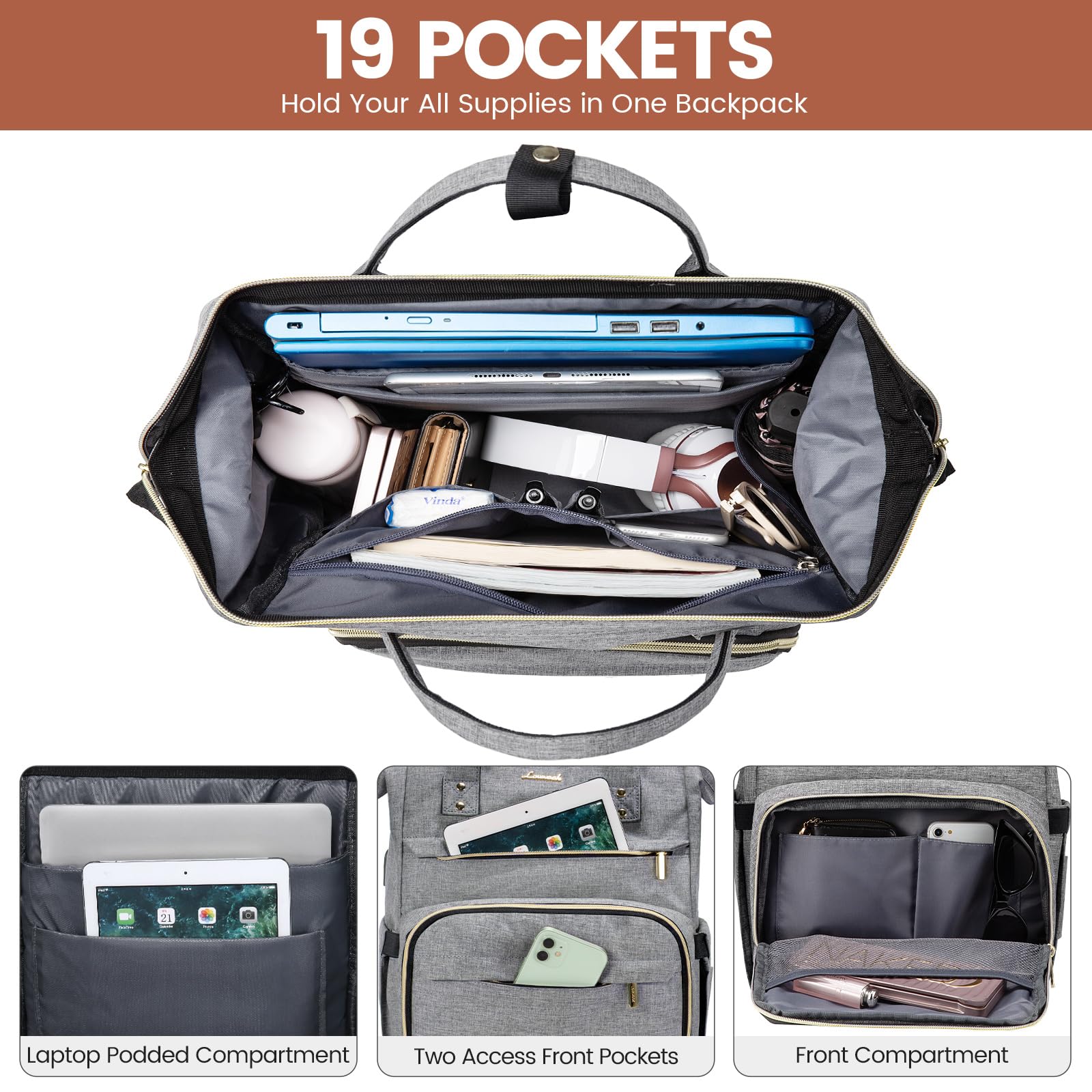 LOVEVOOK Women's 15.6 Inch Waterproof Laptop Backpack with USB Port - Professional Travel, Nurse, Teacher, College Work Bag - Grey | Perfect for Commuting, Business Trips, and Campus Life