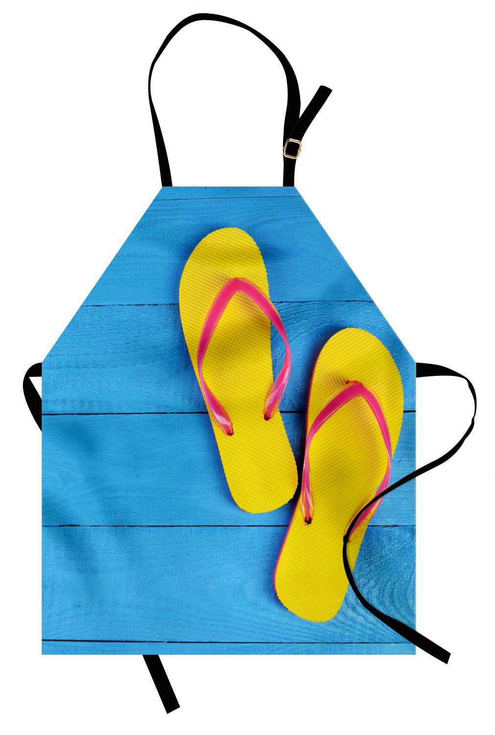 Ambesonne Adjustable Apron for Baking & Painting - Cheerful Holiday Travel Design with Flip Flops on Wooden Pier - Small Size Sky Blue Yellow Pink - Perfect for Cooking, Crafting & Outdoor BBQ Parties
