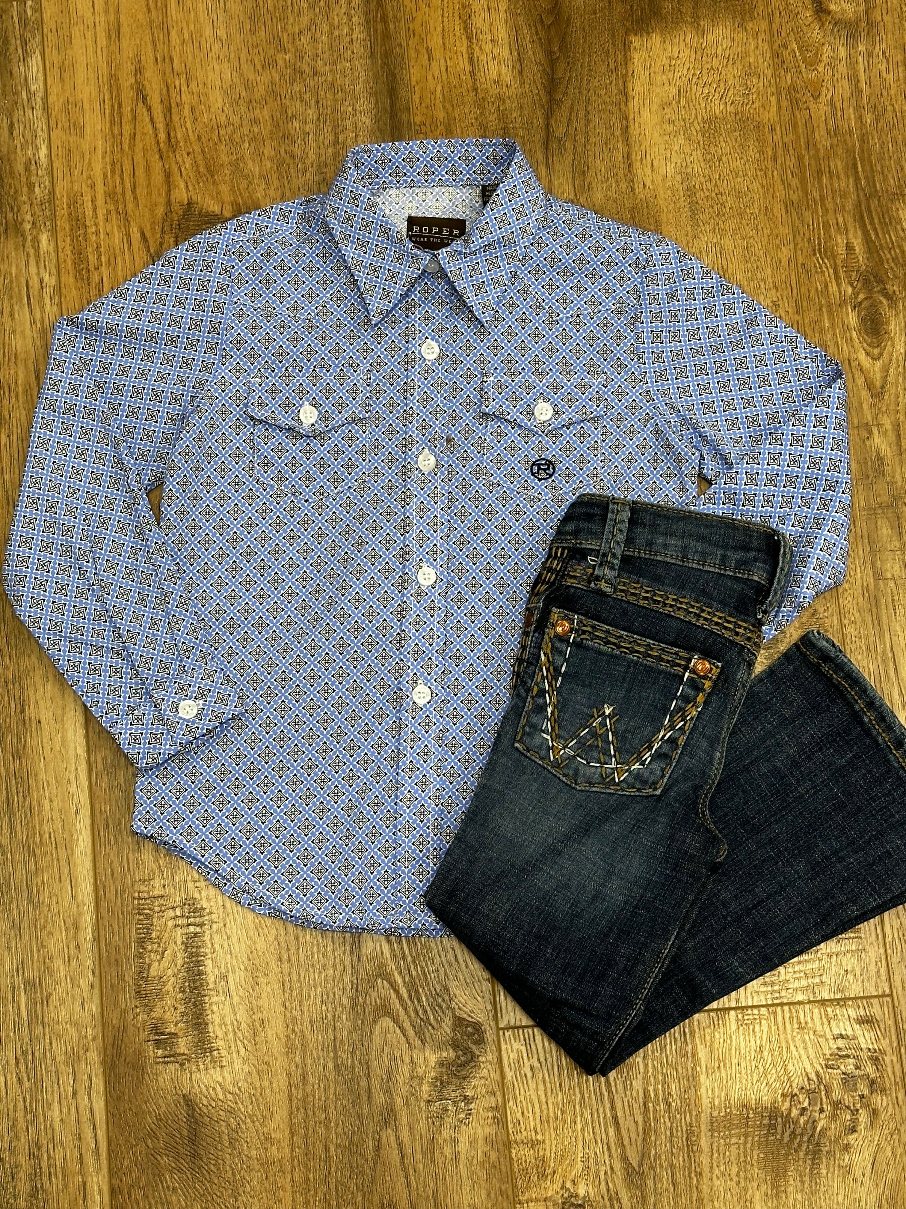 Girl's Long Sleeve Blue Print Western Shirt - Stylish Roper Top for Cowgirl Fashion, School, Rodeo & Everyday Wear