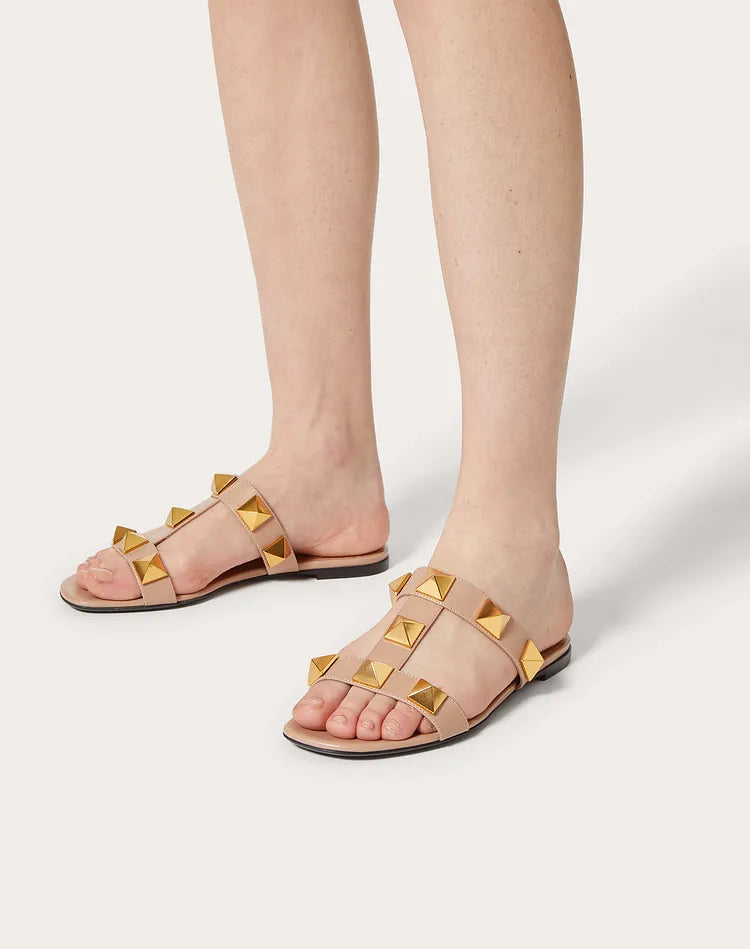 Roman 2 Strap Slide Sandals for Women - Rose Gold Gladiator Summer Sandals | Comfortable Flat Sandals for Beach, Vacation & Casual Outfits