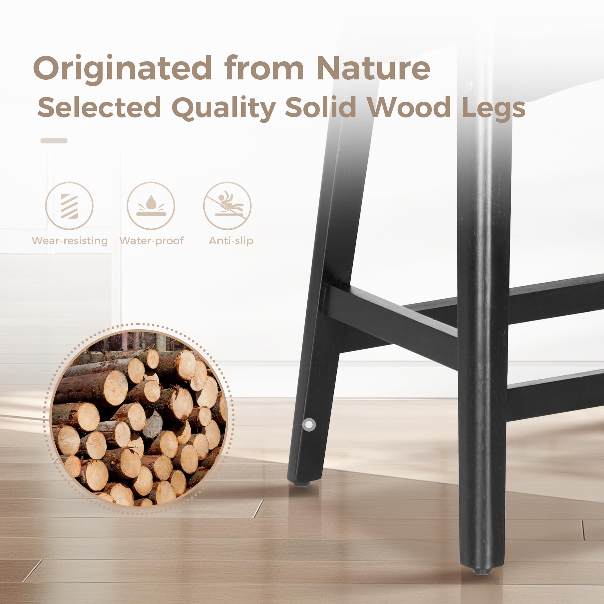 MAISON ARTS Black Counter Height Bar Stools Set of 4 - Solid Wood Legs with Faux Leather Saddle Seat - Farmhouse Style Kitchen Island Stools for 34