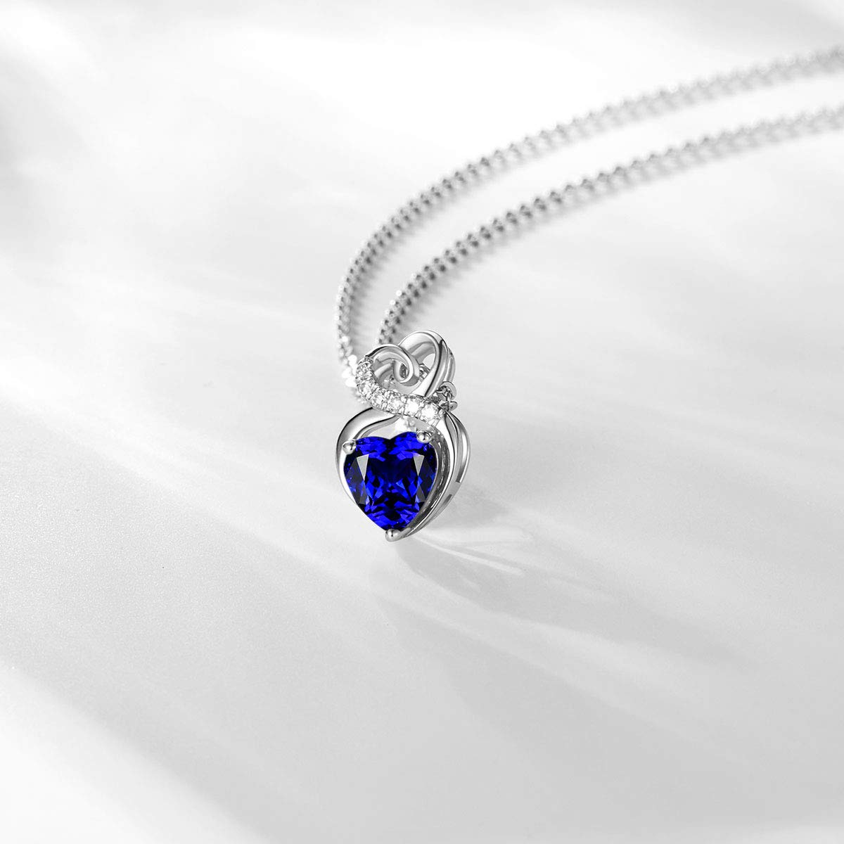 14K Solid White Gold Birthstone Necklace with Sterling Silver Chain - 1.5 CT Gemstone Heart Pendant - Dainty Fine Jewelry for Women (16