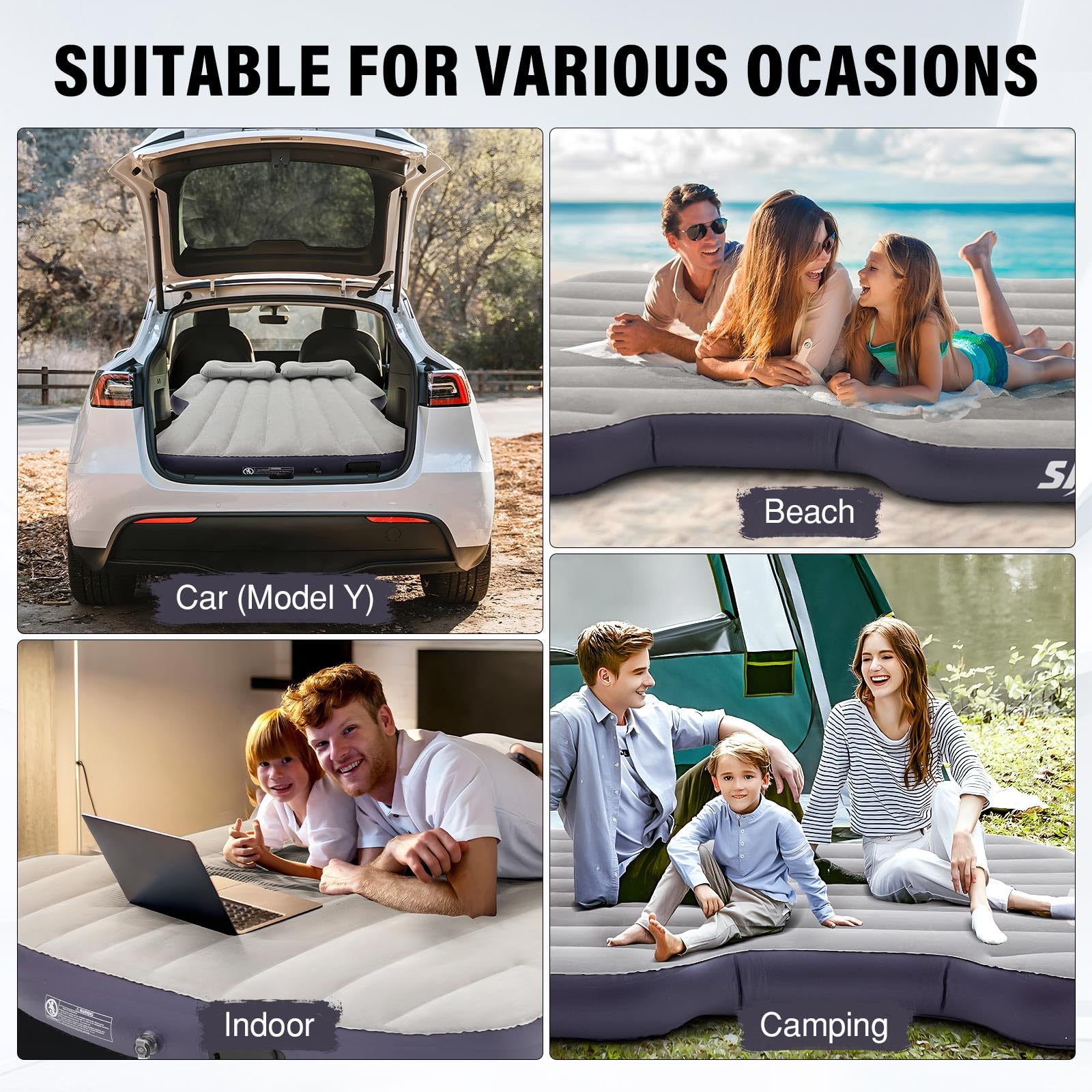 Tesla Model Y Air Mattress 2020-2025 - Self-Inflating Camping Bed with Built-in Pump, Portable Flocking Surface Air Couch for Outdoor Travel & Car Camping Accessories (Beige & Blue) - Perfect for Road Trips, Camping Adventures & Tesla Sleepovers