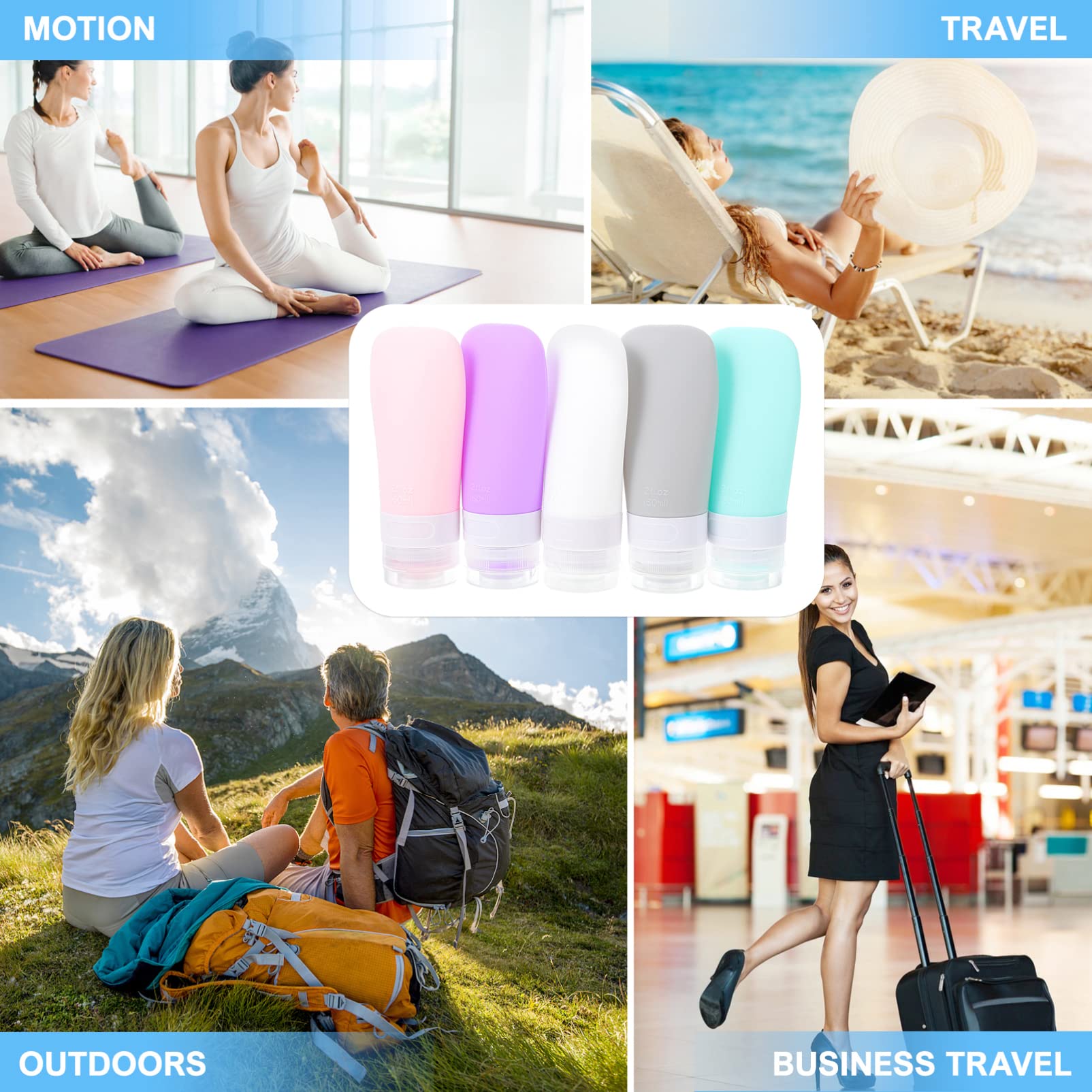 EXCEART 5-Pack Travel Size Silicone Squeeze Bottles for Shampoo, Lotion & Toiletries - Leak-Proof, TSA Approved, Portable Containers for Camping, Gym, Hiking & Outdoor Activities
