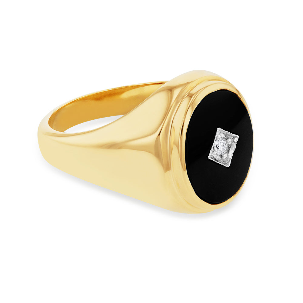 9ct Yellow Gold Black Onyx and Diamond Men's Ring - Elegant Jewelry for Weddings, Anniversaries & Special Occasions