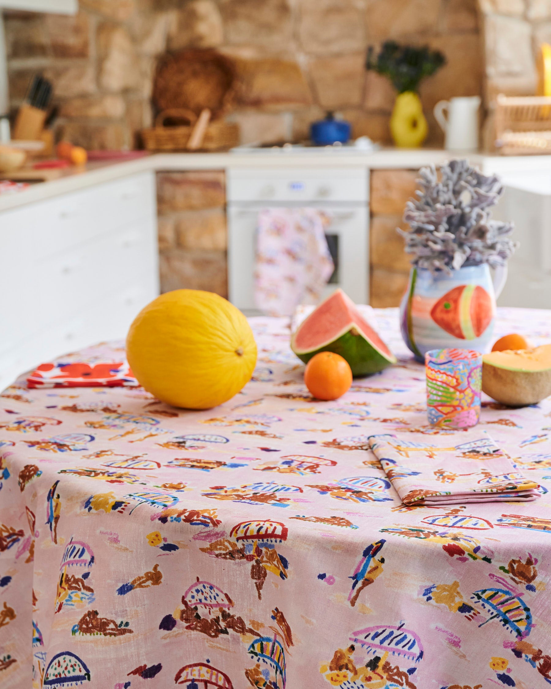 Kip&Co x Ken Done Beach Days Linen Tablecloth - Stylish & Durable for Outdoor Dining, Picnics, and Summer Entertaining