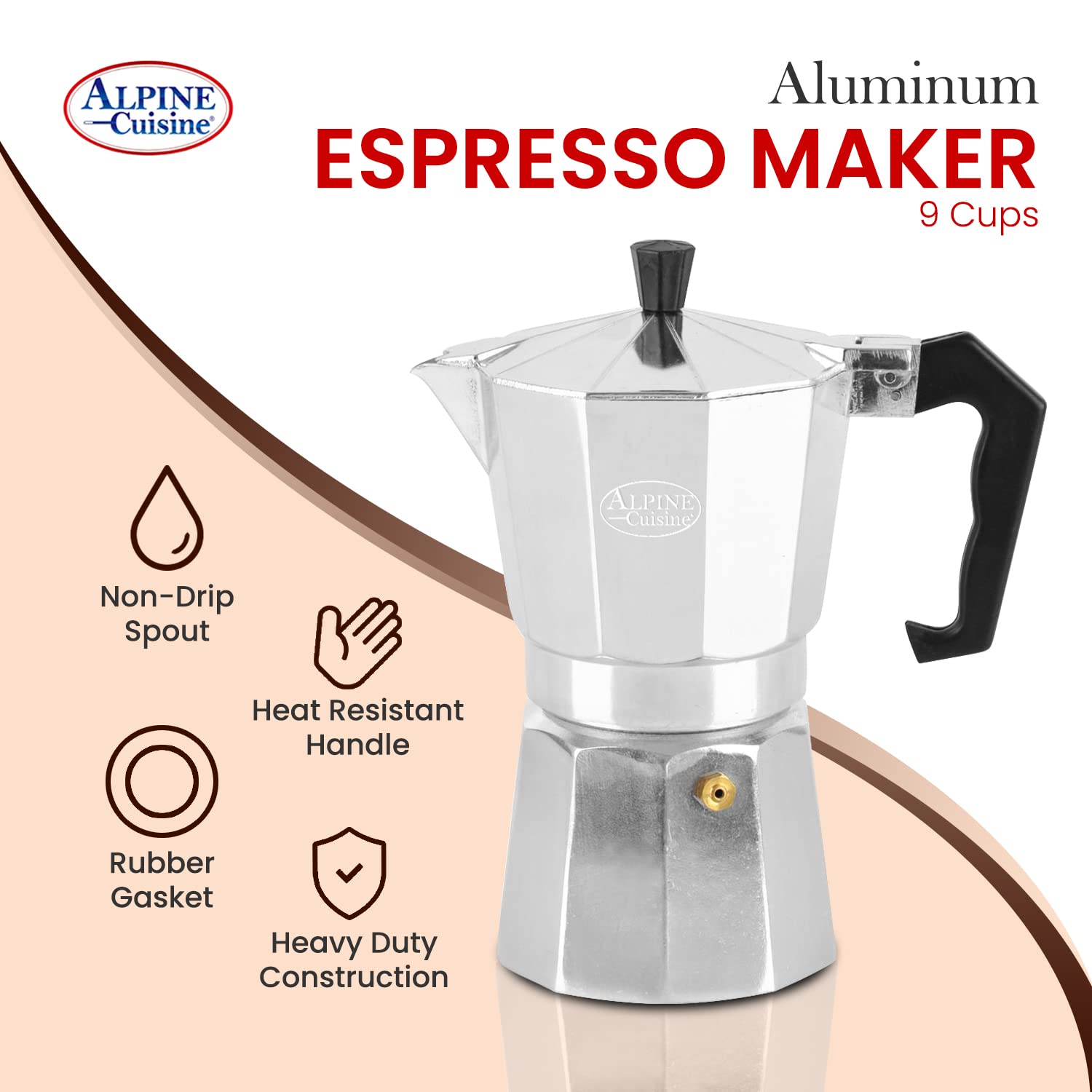 Alpine Cuisine 12.5 Oz Stovetop Espresso Maker - Classic Italian & Cuban Coffee Moka Pot with 9 Espresso Cups - Durable Aluminum Coffee Maker for Home, Camping & Outdoor Use