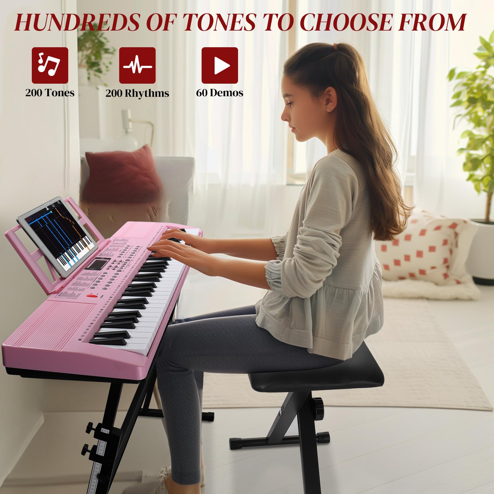 Ktaxon 61-Key Electric Keyboard Piano Set with Headphone, Microphone, Music Stand, Power Adapter, Adjustable Stand & Bench - Light Pink Keys for Beginners & Home Practice | Perfect for Kids, Students & Music Lovers