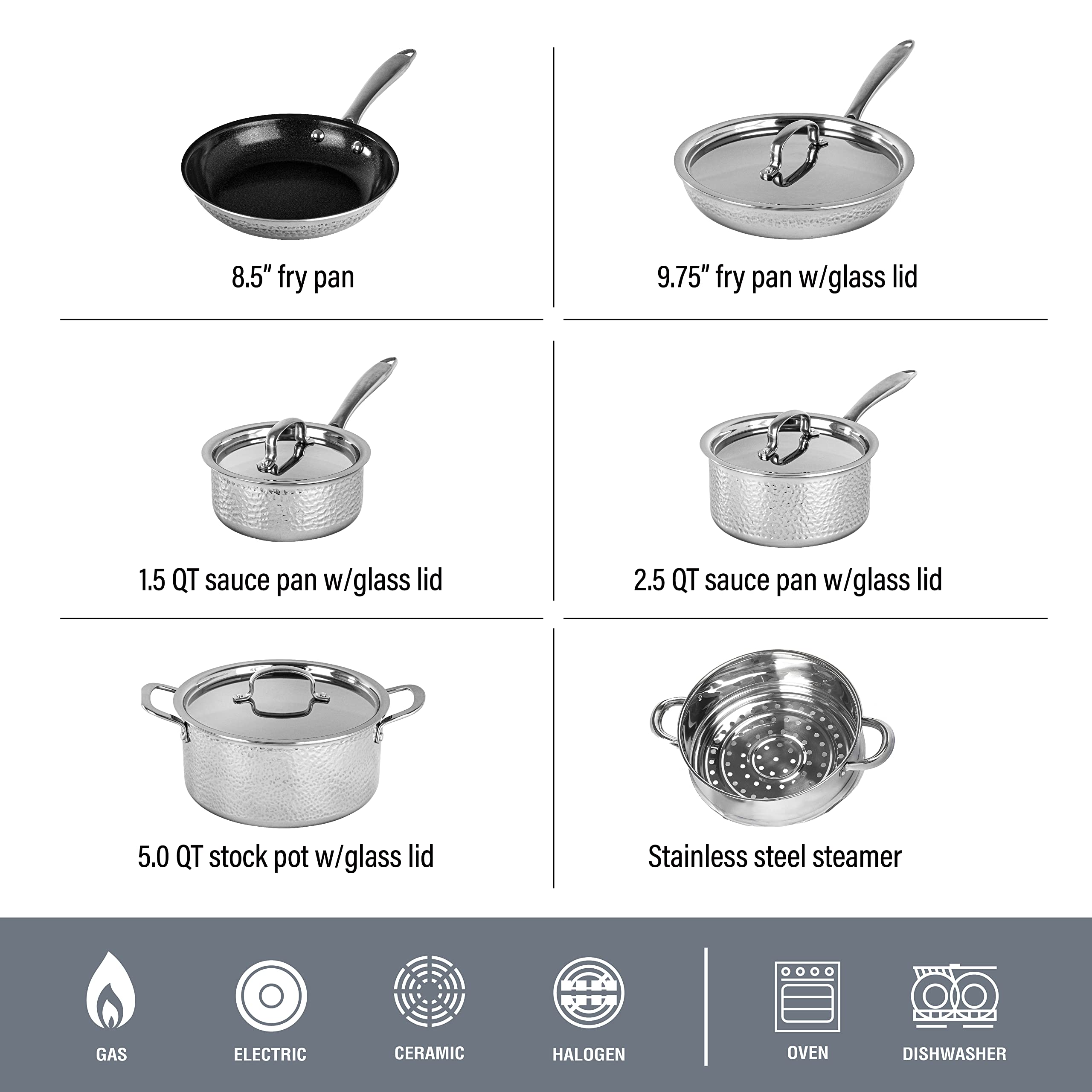 Granitestone Hammered Stainless Steel Cookware Set - 12-Piece Tri-Ply Premium Ceramic Nonstick Pots & Pans with Hammered Finish | Includes Frying Pans, Stock Pots & Skillets | Perfect for Home Cooking, Professional Chefs & Gift Giving