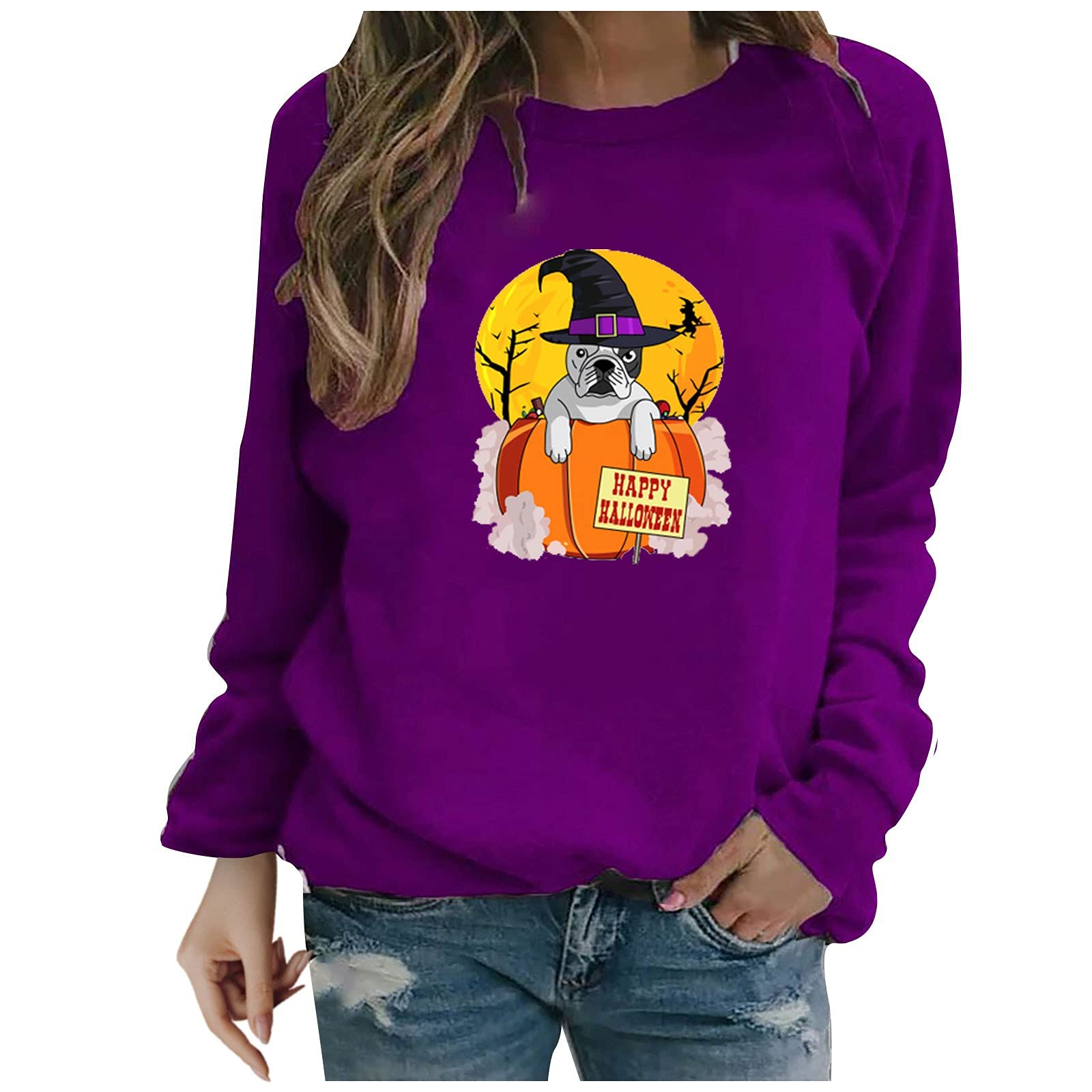 HAOREEKZ Women's Halloween Costume Sweatshirt - Loose Fit Printed Round Neck Long Sleeve Blouse Top for Halloween Party, Cosplay & Fall Fashion