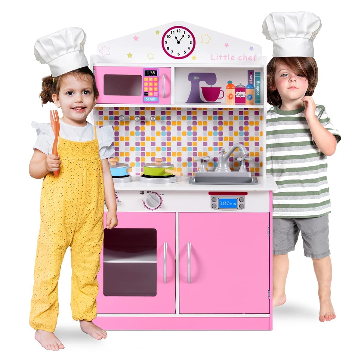 OLAKIDS Wooden Play Kitchen Set for Toddlers - Real Sound Effects, Stove, Microwave, Sink & Storage Cabinet - Pretend Cooking Toys Gift for Boys & Girls (Pink) | Perfect for Imaginative Play, Birthday Gifts & Preschool Learning