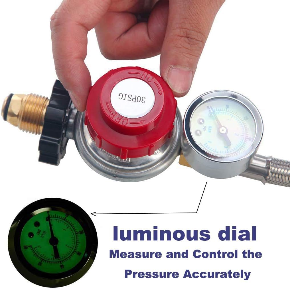 10FT High Pressure Propane Regulator with Hose - Adjustable 0-30 PSI Gas Regulator with Gauge, Stainless Steel Braided Hose for 5-100LB POL Tanks - Perfect for Fire Pits, Burners, Heaters, Fryers, Smokers & Griddles - Heavy Duty Outdoor Cooking & Heating Equipment