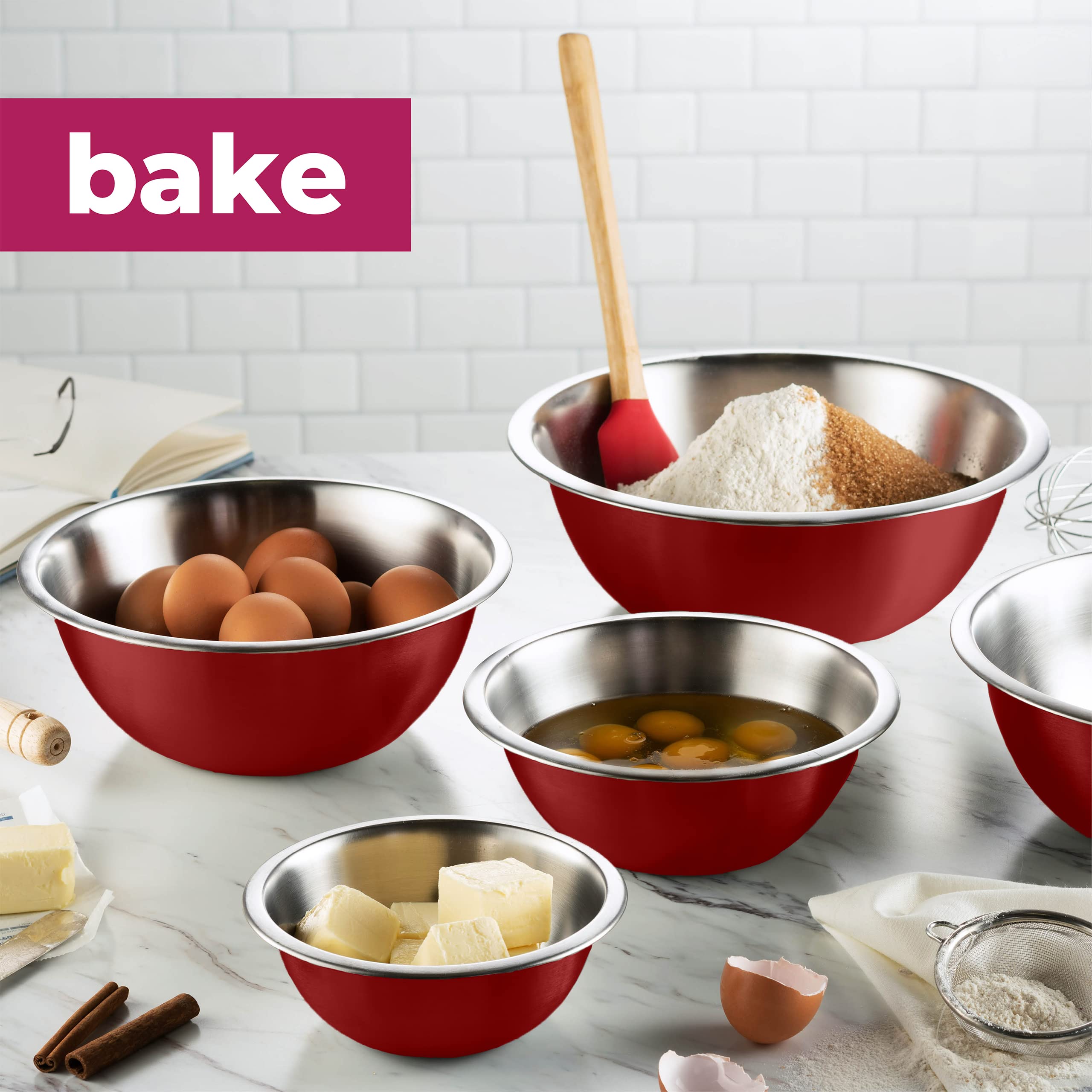 Premium Stainless Steel Mixing Bowls Set of 5 - Non-Slip Bottom, Nesting Kitchen Bowls for Baking, Cooking & Food Prep - Dishwasher Safe & Space Saving - Perfect for Home Chefs & Professional Kitchens
