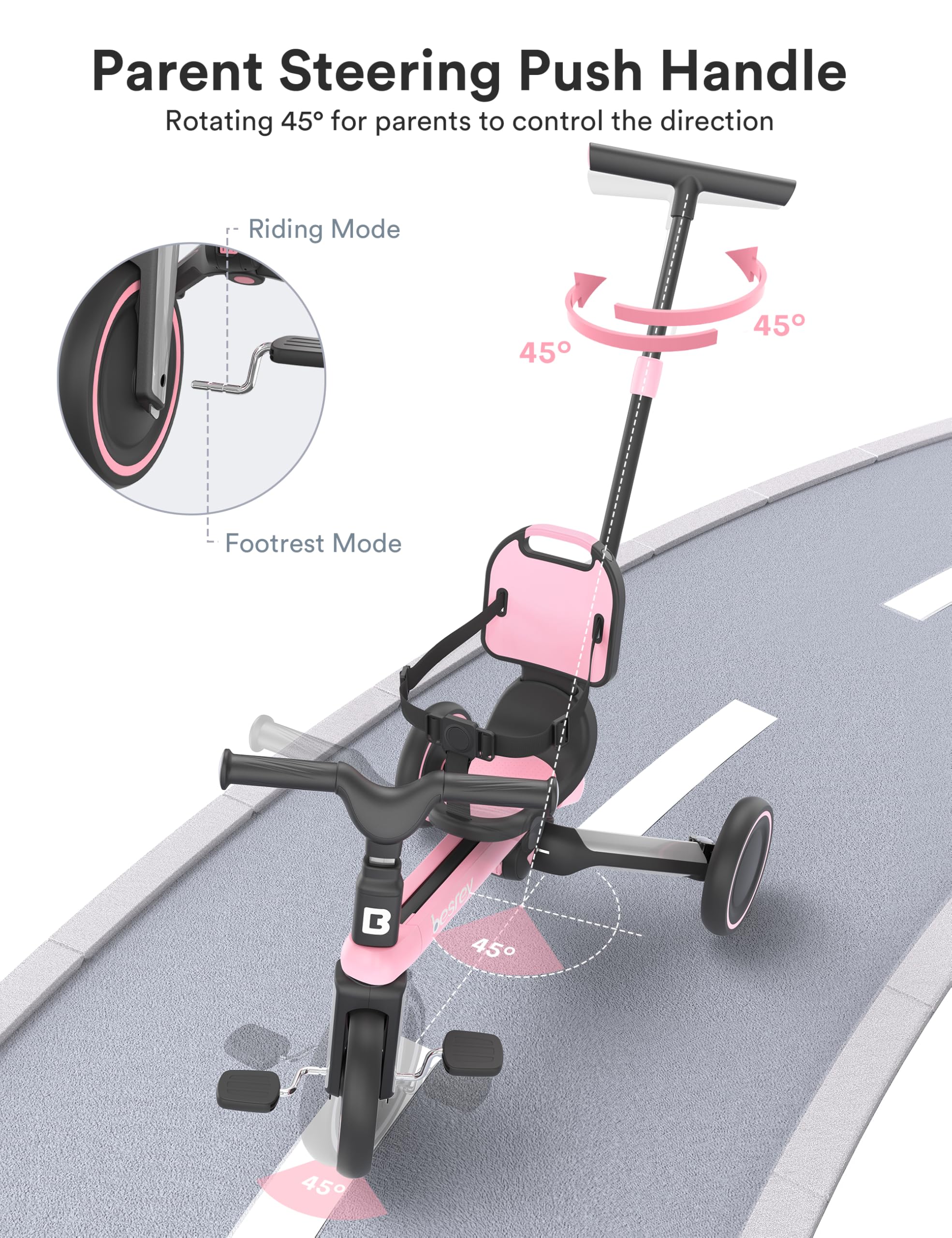 **Besrey 7-in-1 Toddler Tricycle for Kids 1-3 Years - Adjustable Push Handle & Canopy, Balance Bike & Ride-On Toy for Boys & Girls - Updated 2.0 Pink - Perfect for Indoor/Outdoor Play, Birthday Gifts & Learning to Ride**