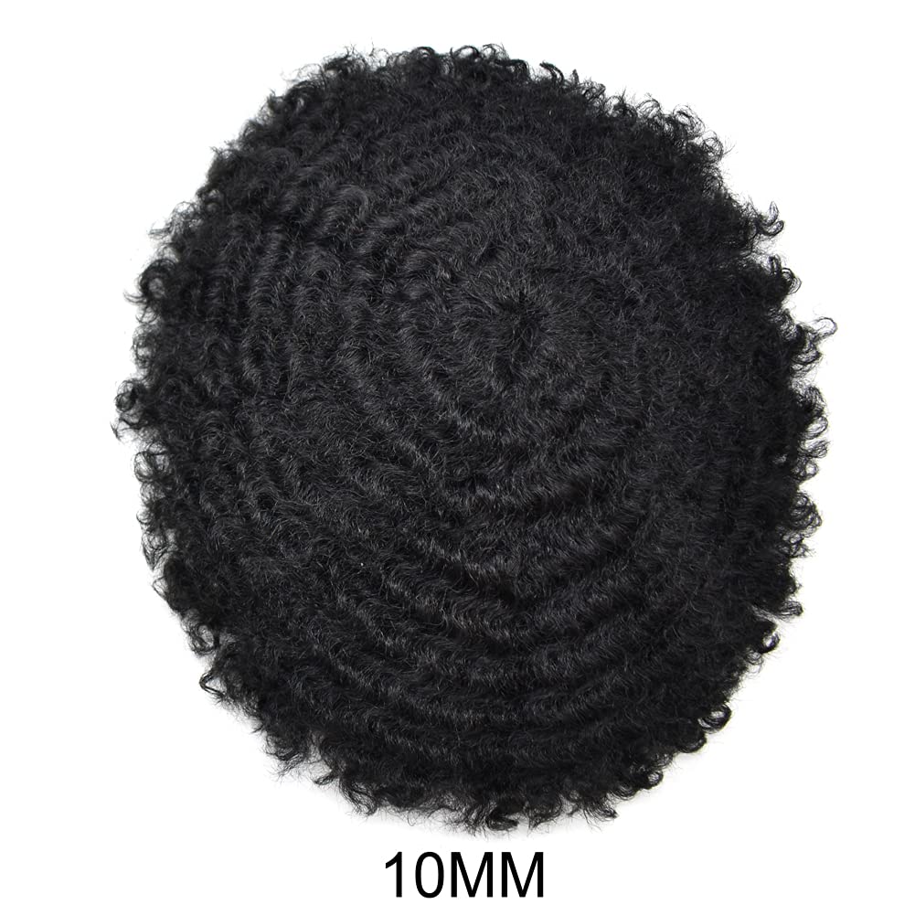 Natural Hand-Tied Human Hair Kinky Curly Afro Wig for Black Men - 10mm Wave #1 Jet Black - Durable Injected PU Hair Unit for African American Men | Perfect for Daily Wear, Cosplay & Special Events