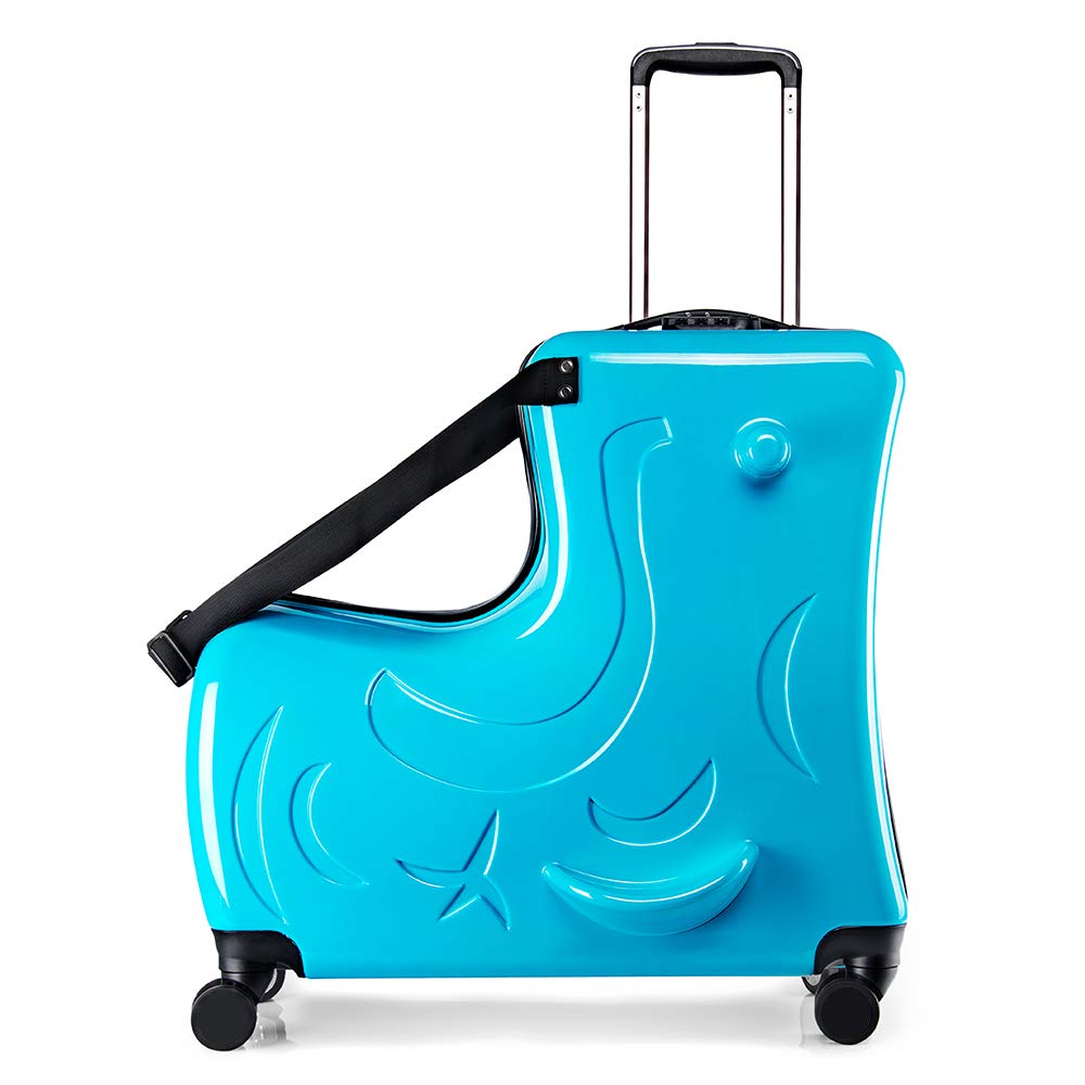 OW Kids Ride-On Suitcase with Wheels - 24 Inch Blue Duffle Bag Carry-On Luggage for Children (Ages 6-12) - Perfect for Air Travel, Road Trips & School Adventures