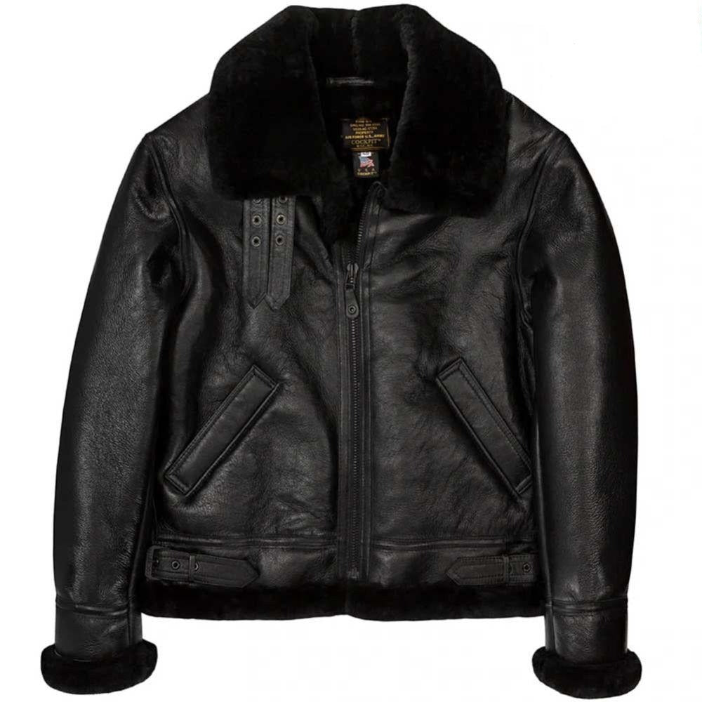 Cockpit USA Men's Black B-3 Sheepskin Bomber Jacket - Genuine Leather Aviator Coat for Winter, Cold Weather & Outdoor Activities