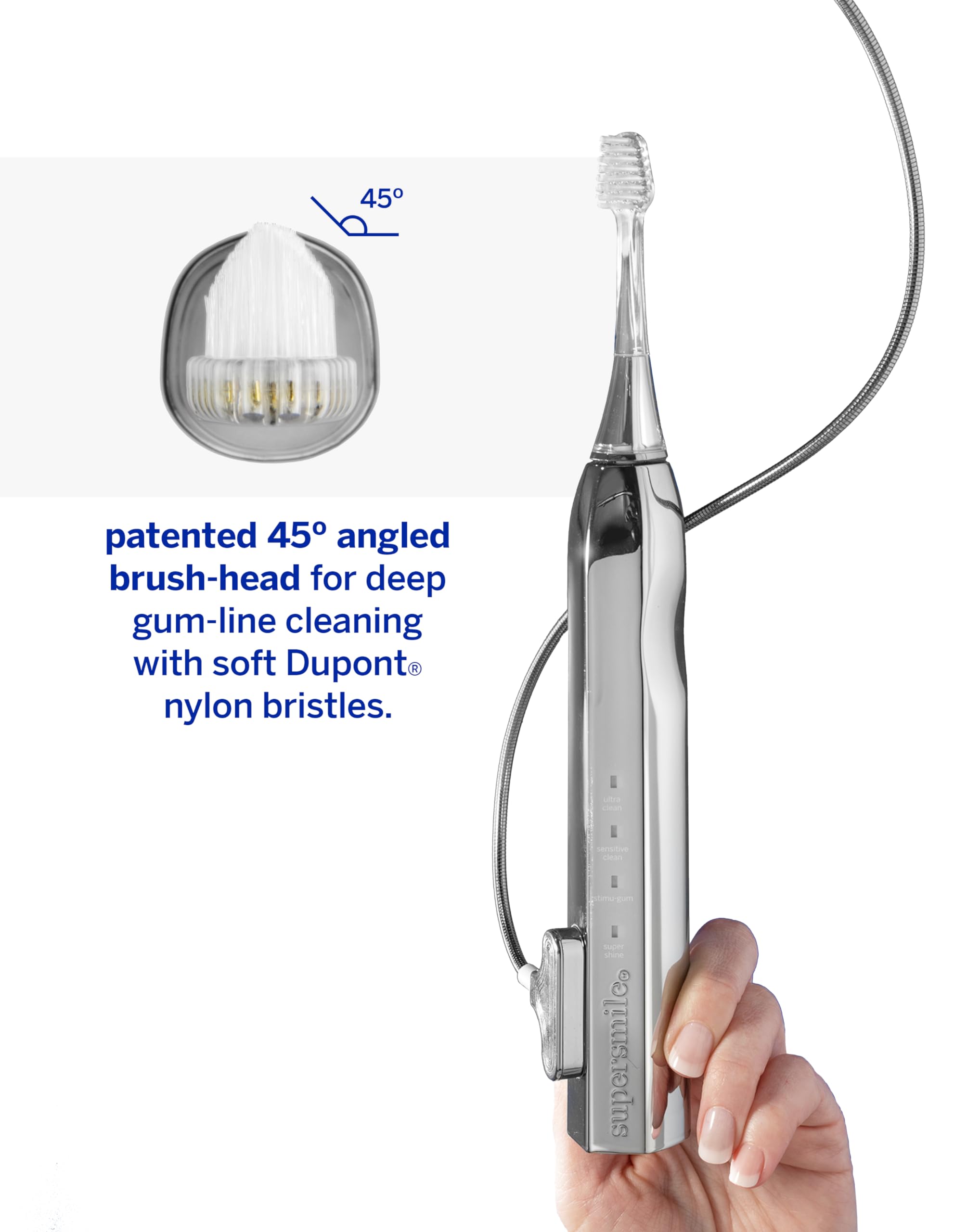 Supersmile Zina45 Deluxe Sonic Pulse Electric Toothbrush - Rechargeable Teeth Whitening Toothbrush with 45,000 VPM, Silver | Perfect for Travel & Daily Oral Care Routine