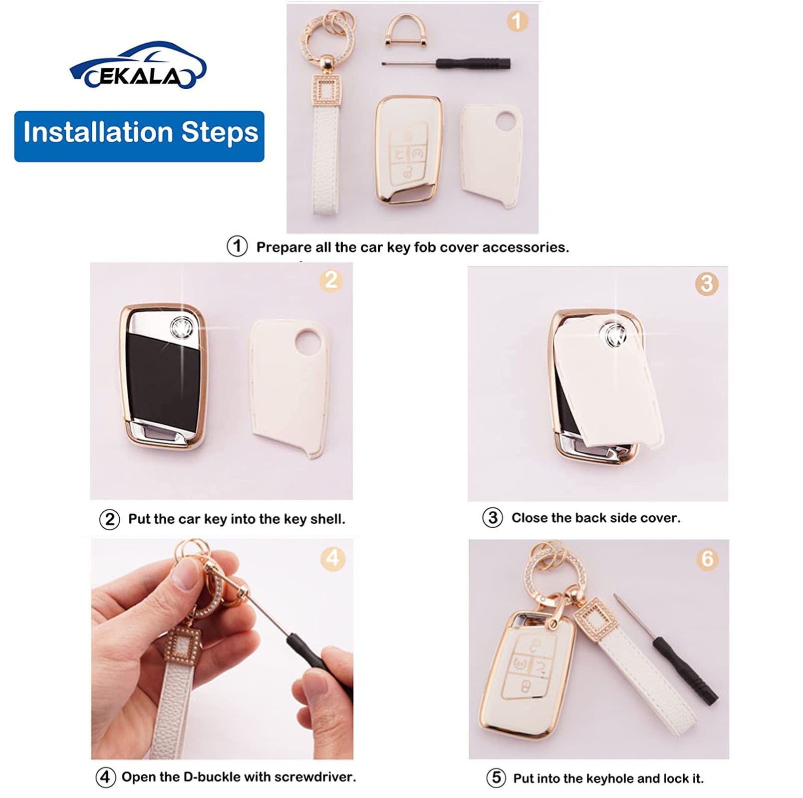 Premium Leather Key Fob Cover for Volkswagen - Soft TPU Shell with 4 Buttons (Girly White) | Compatible with Atlas, Passat, Jetta, Golf, Alltrack | Durable Protection & Stylish Accessory for Car Keys | Perfect Gift for VW Owners