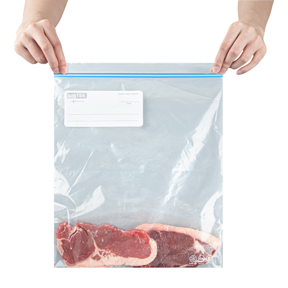 Bag Tek 2 Gallon Clear Plastic Freezer Bags with Double Zipper - BPA Free, Write-On Labels (15x13 Inches) - 25 Count Box - Perfect for Food Storage, Meal Prep & Freezing