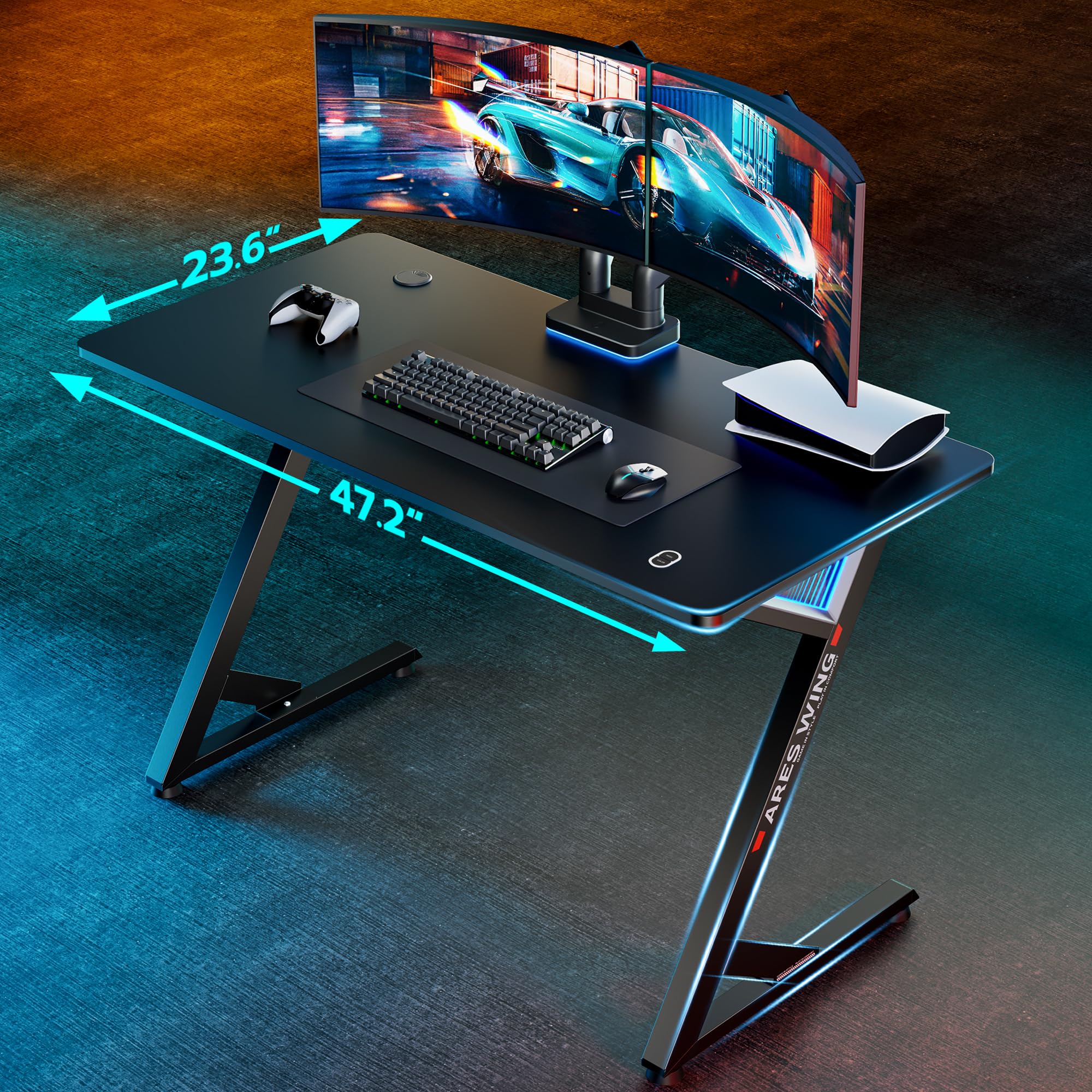 47 Inch ARES WING Gaming Desk with LED Lights & Cable Management - Ergonomic Carbon Fiber Computer Desk for Home Office & Gaming Room - Perfect for PC Setup, Streaming & Esports