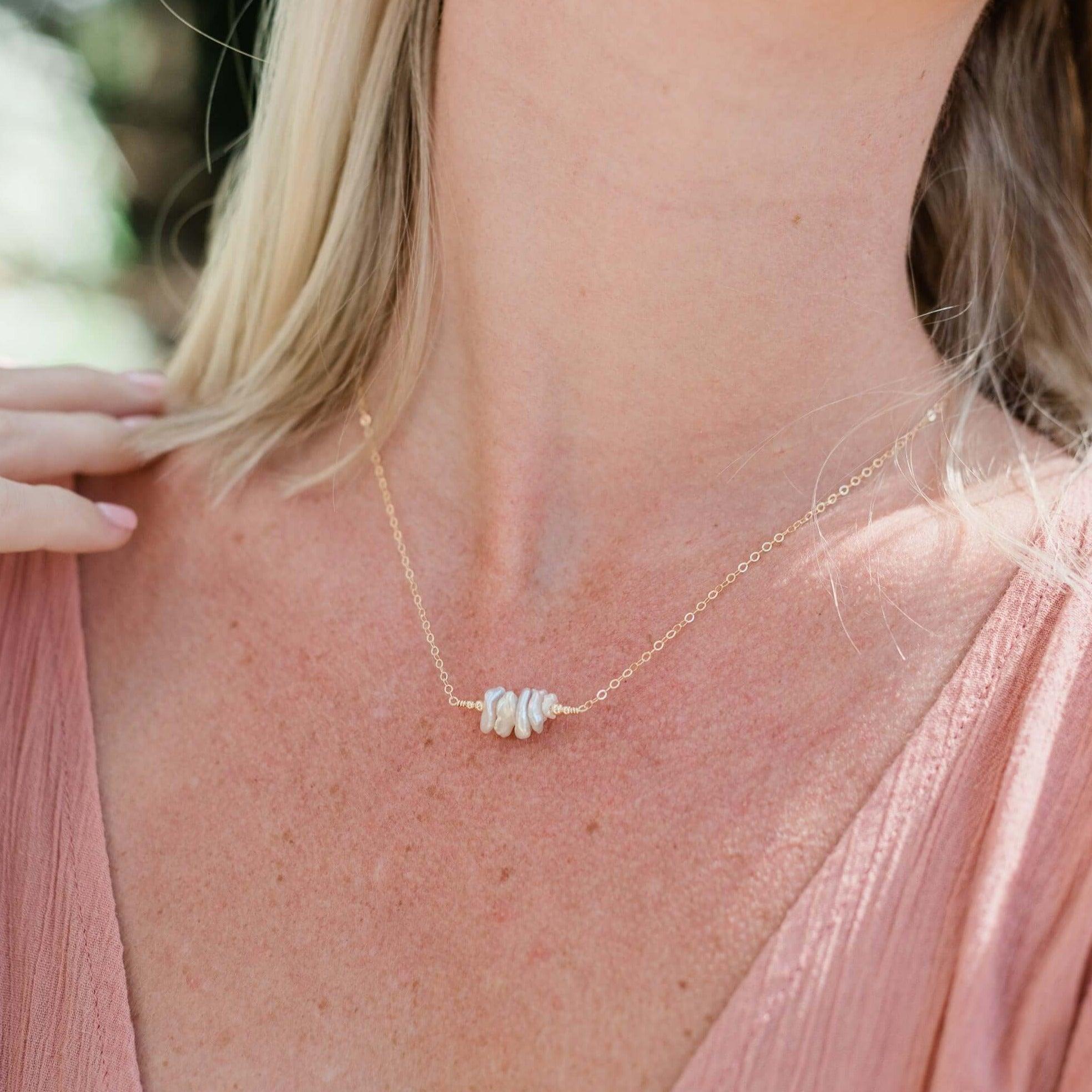 Elegant White Freshwater Pearl Chip Bead Bar Necklace - Dainty Layering Jewelry for Women, Perfect for Weddings, Date Nights & Everyday Wear