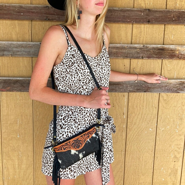 American Darling Fringe Tooled Leather Clutch - Handmade Cowhide Women's Evening Bag for Parties, Weddings & Date Nights