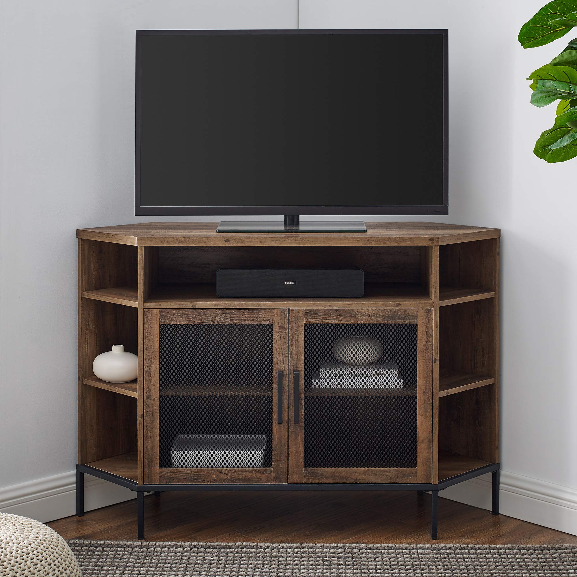 Walker Edison 48 Inch Rustic Oak Modern TV Stand with Metal Mesh & Wood Design, Open Shelves & Cabinet Storage for 55