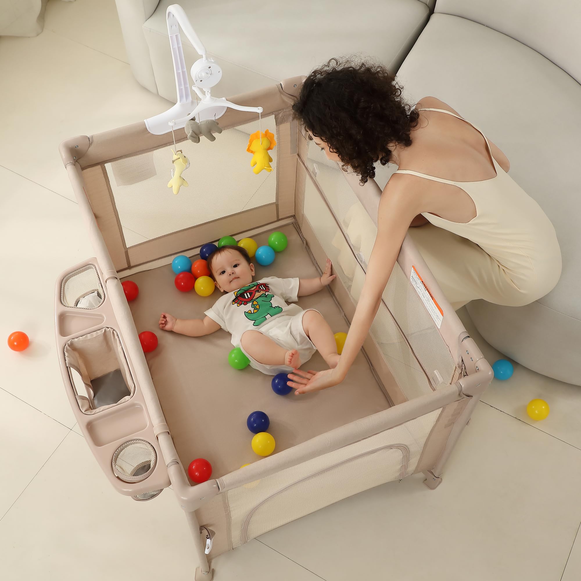 5-in-1 Baby Playard with Bassinet & Changing Table - Portable Foldable Travel Crib for Newborn to Toddler - Bedside Sleeper & Playpen for Nursery, Bedroom & Travel (Beige)