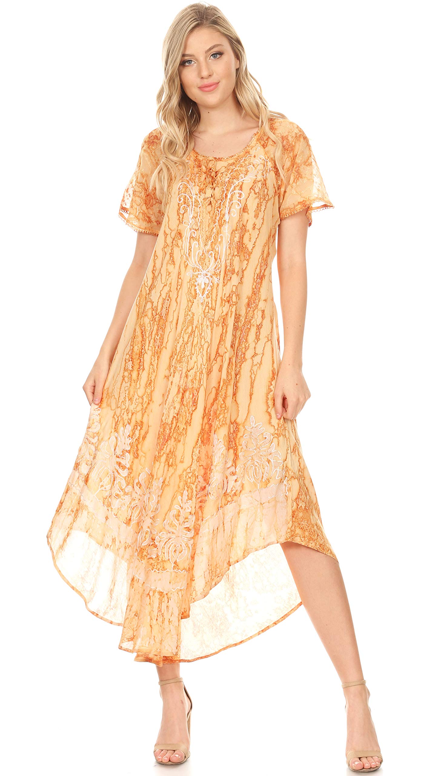 Sakkas Ronny Lace Embroidered Cap Sleeve Tie Dye Caftan Dress - Boho Beach Cover Up for Summer Vacation & Pool Party
