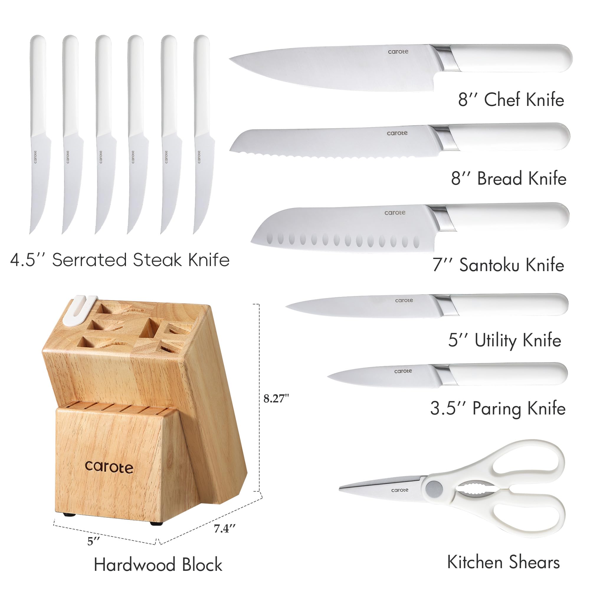CAROTE 14-Piece Stainless Steel Kitchen Knife Set with Wooden Block & Built-in Sharpener - Razor-Sharp Knives for Professional Chefs & Home Cooking - Perfect for Slicing, Dicing & Food Prep