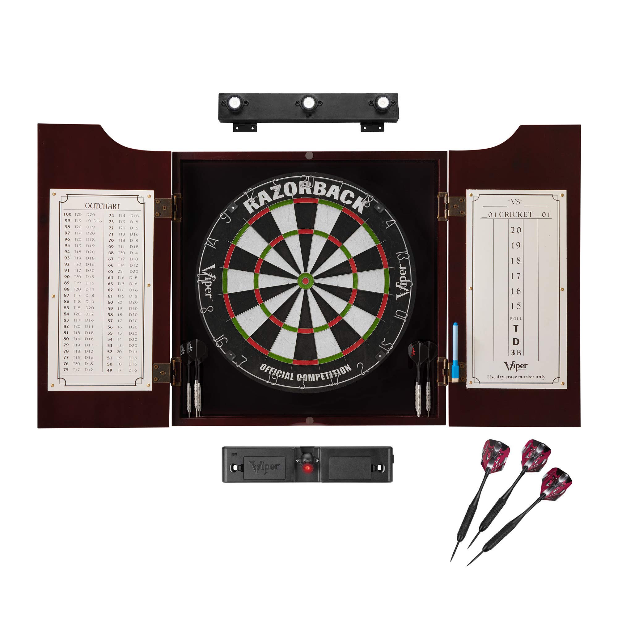 Premium Viper Razorback Sisal Dartboard with Hudson Mahogany Cabinet - Professional Shadow Buster LED Lighting & Laser Throw Line - Perfect for Game Rooms, Bars, and Home Entertainment (Black)