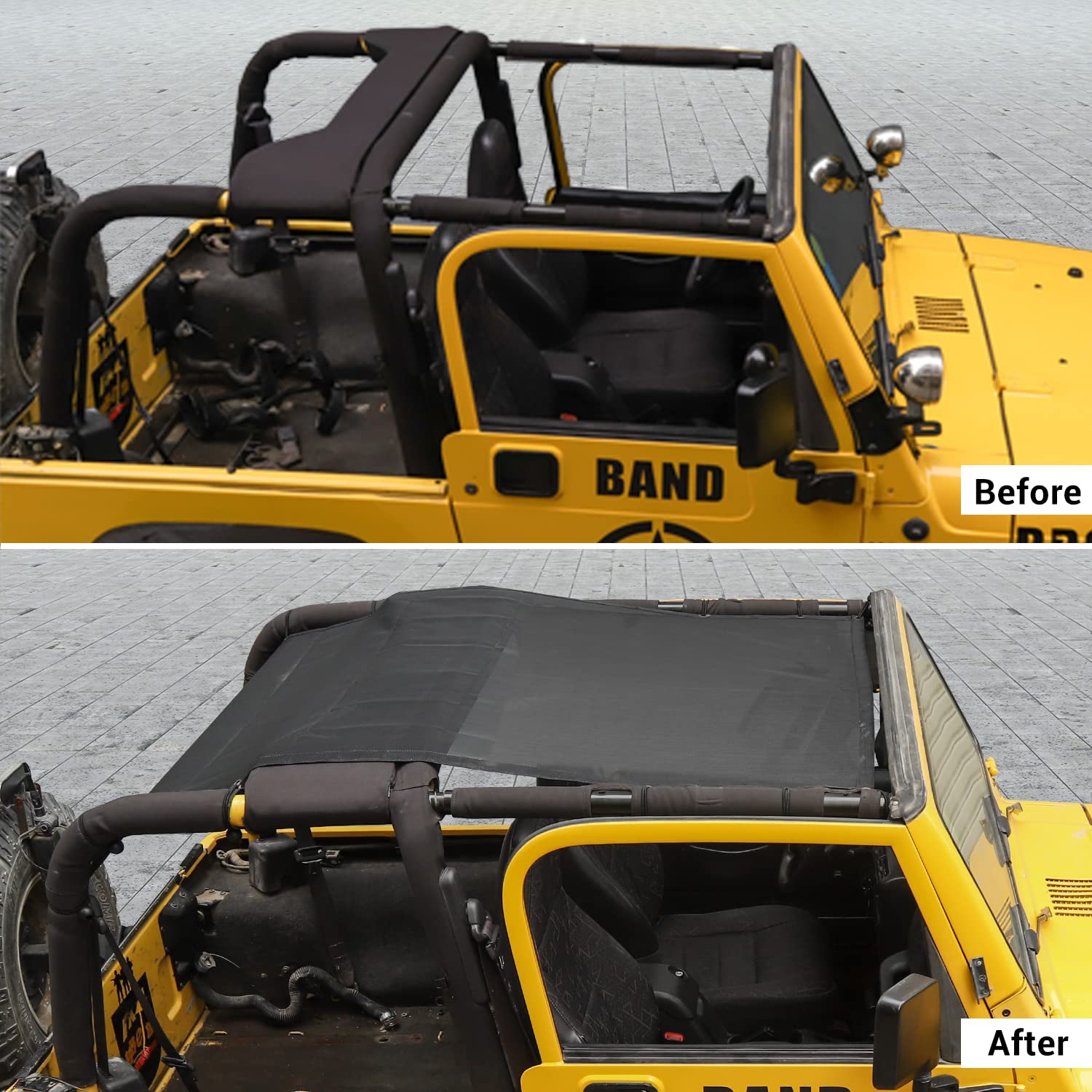 Jeep TJ Sunshade Mesh Top for 1996-2006 Wrangler TJ - UV Protection, Wind & Noise Reduction - Easy No-Tool Installation - Black 4-Door Bikini Sun Shade - Perfect Jeep Accessories Gift for Off-Road & Summer Driving