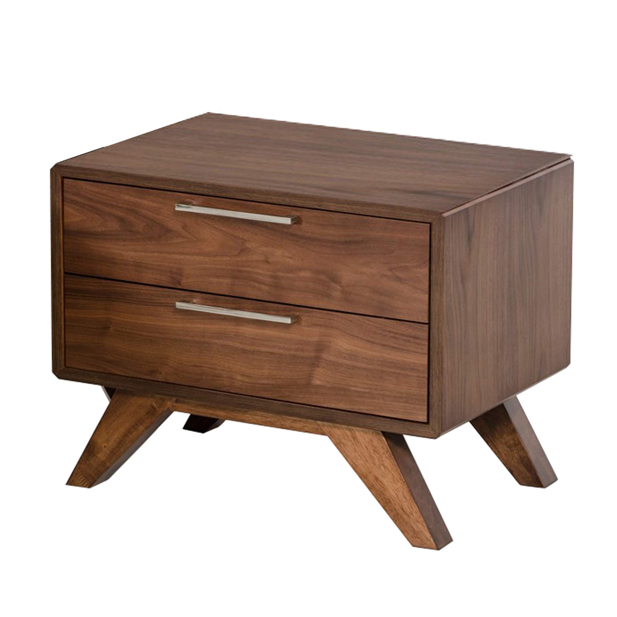 Benjara 2-Drawer Wooden Nightstand with Metal Bar Handles & Angled Legs - Brown Finish Bedside Table for Bedroom, Living Room, or Office