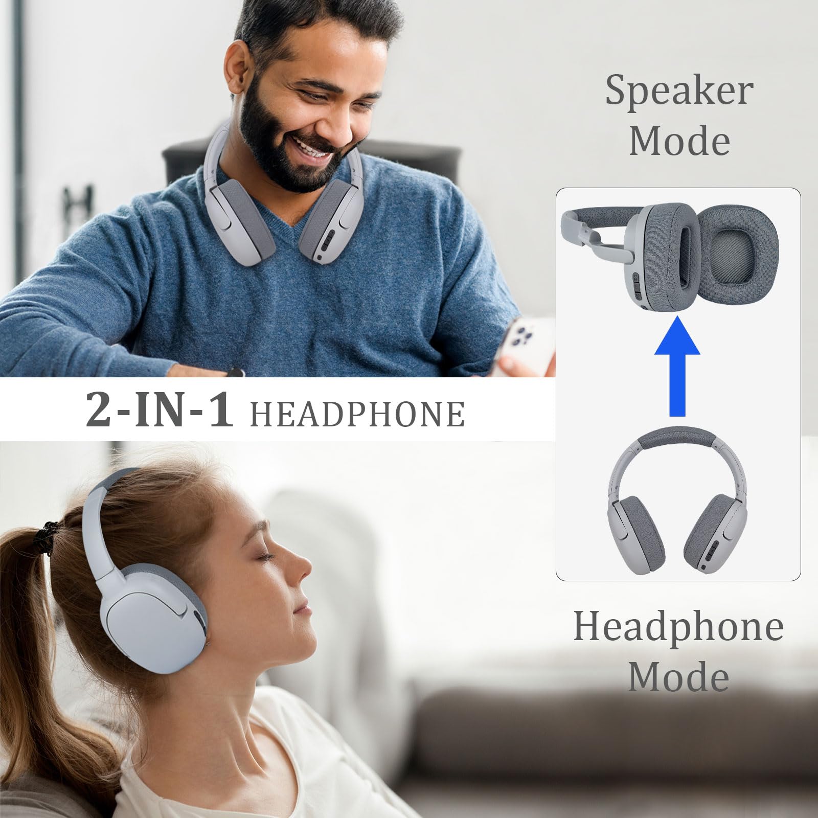 2 in 1 Bluetooth Speaker Headphones - 45H Playtime, HiFi Stereo Wireless Over Ear Headphones with Built-in Mic, FM Radio, SD/TF Card Slot, Lightweight Adjustable Design for Home, Travel, and Outdoor Activities - Perfect for Music Lovers, Gamers, and Phone Calls