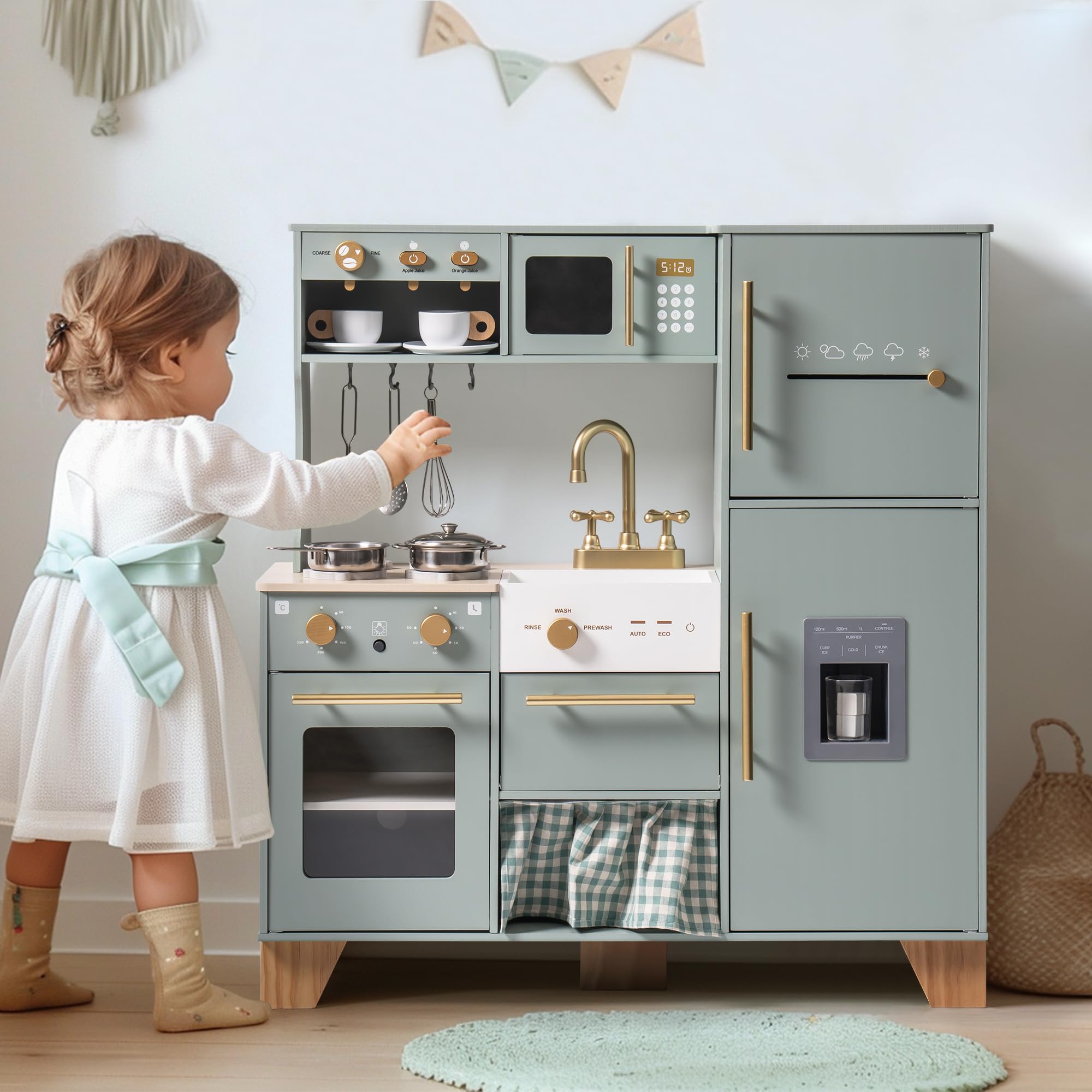 ROBUD Wooden Play Kitchen Set for Kids - Pretend Play Toy with Ice Maker, Refrigerator, Coffee Machine, Oven, Dishwasher & Microwave - Complete Kitchen Accessories - Educational Gift for Boys & Girls Ages 3+ - Perfect for Imaginative Play, Role-Playing & Early Learning Development