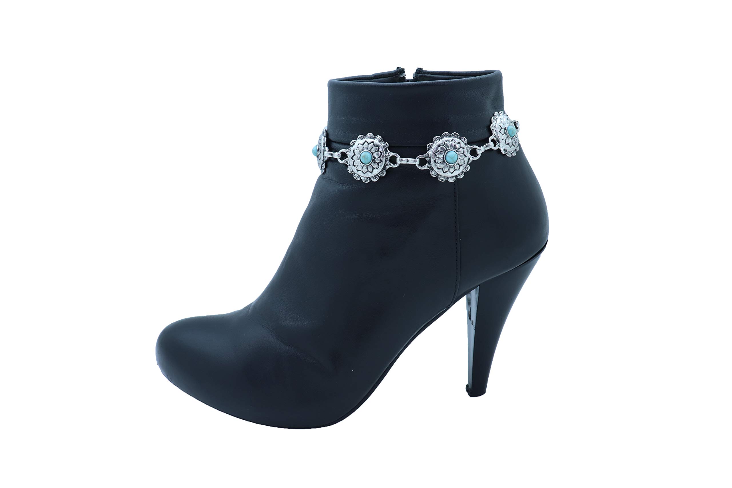 Vintage Western Boot Chain Anklet - Turquoise Blue Beaded Flower Charm Strap for Women | Boho Cowgirl Jewelry for Boots, Shoes & Festival Outfits