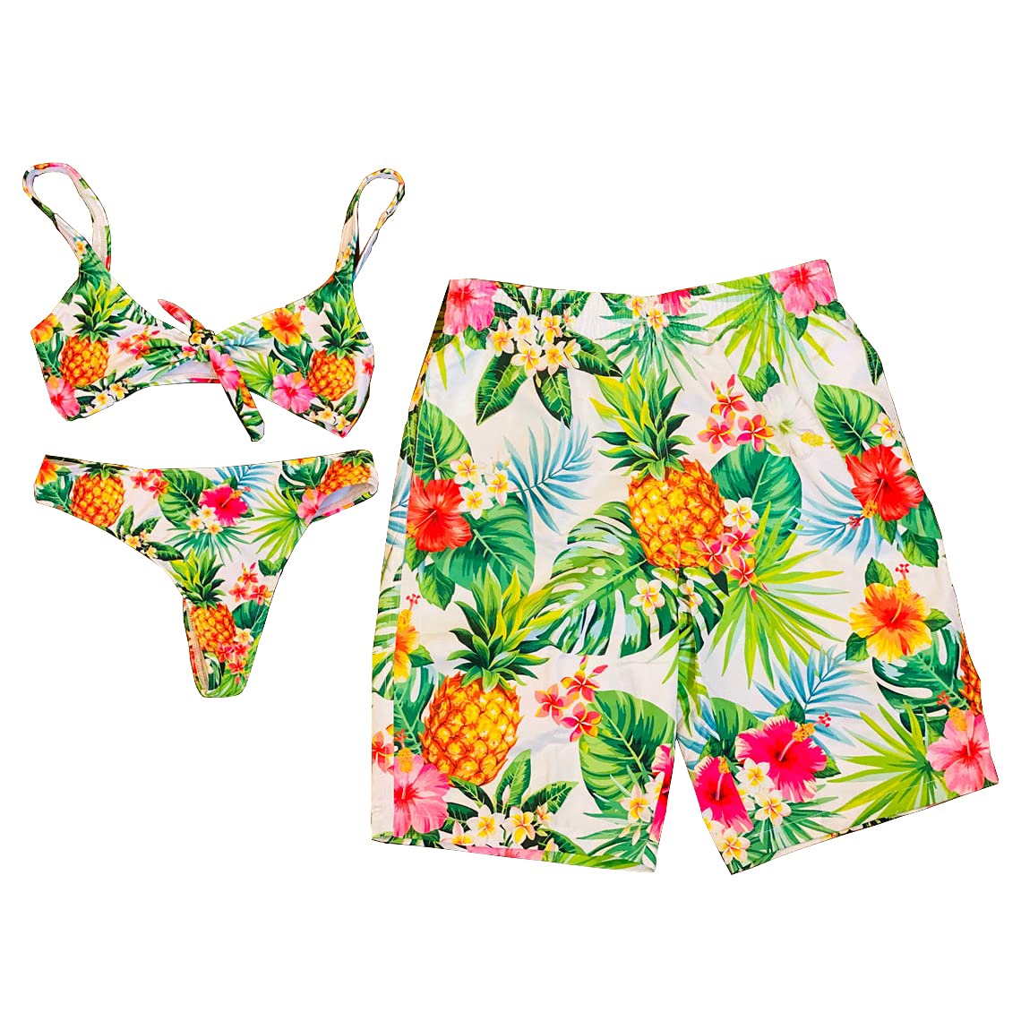 Baecation Pineapple Matching Couples Swimwear Set - Women's Large Bikini & Men's XXL Swim Trunks | Tropical Beach Vacation, Pool Party, Summer Getaway Outfits
