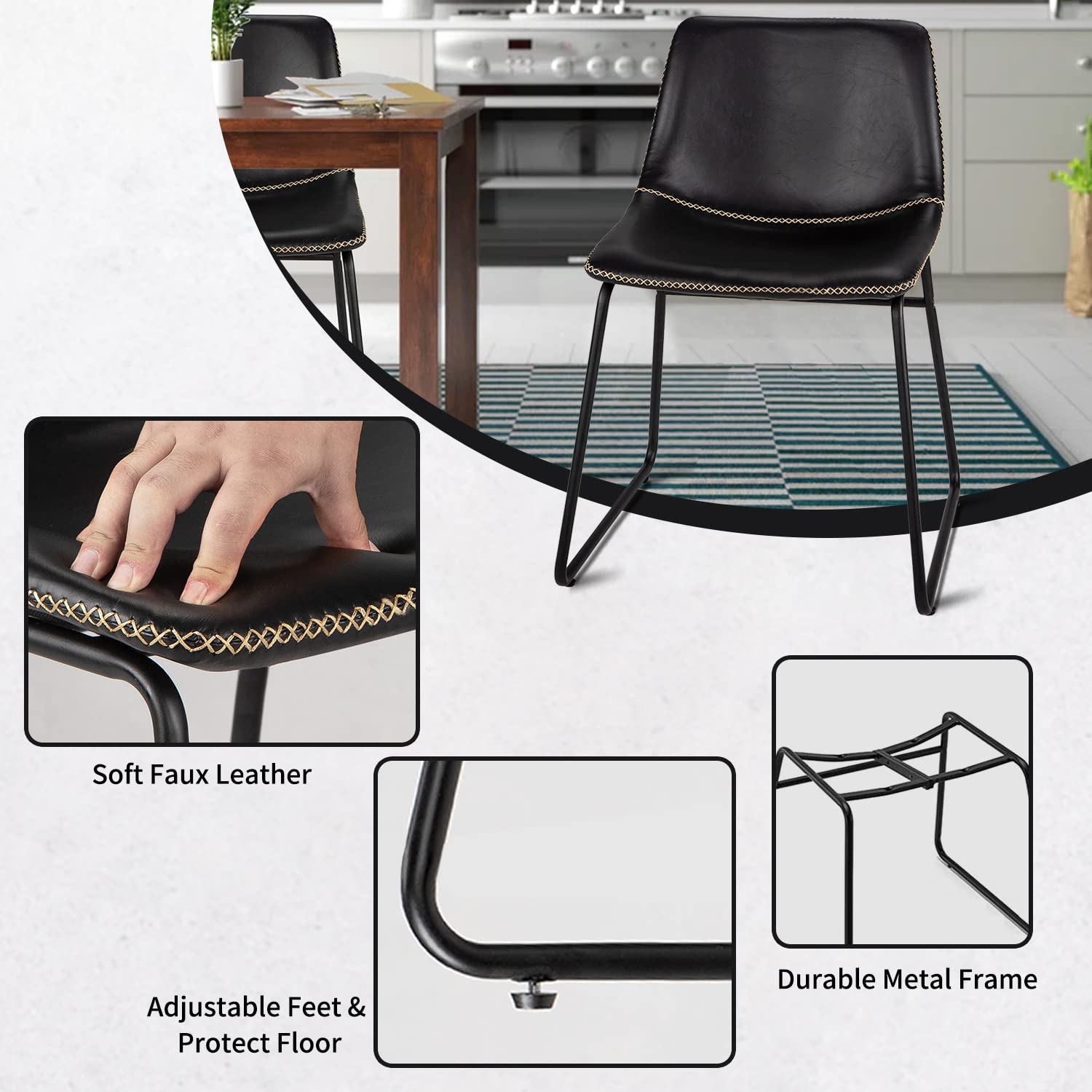 HeuGah 4-Piece Modern Industrial Dining Chair Set - Faux Leather Upholstered Kitchen & Dining Room Chairs with Sturdy Metal Legs - Perfect for Small Spaces, Breakfast Nooks & Contemporary Home Decor