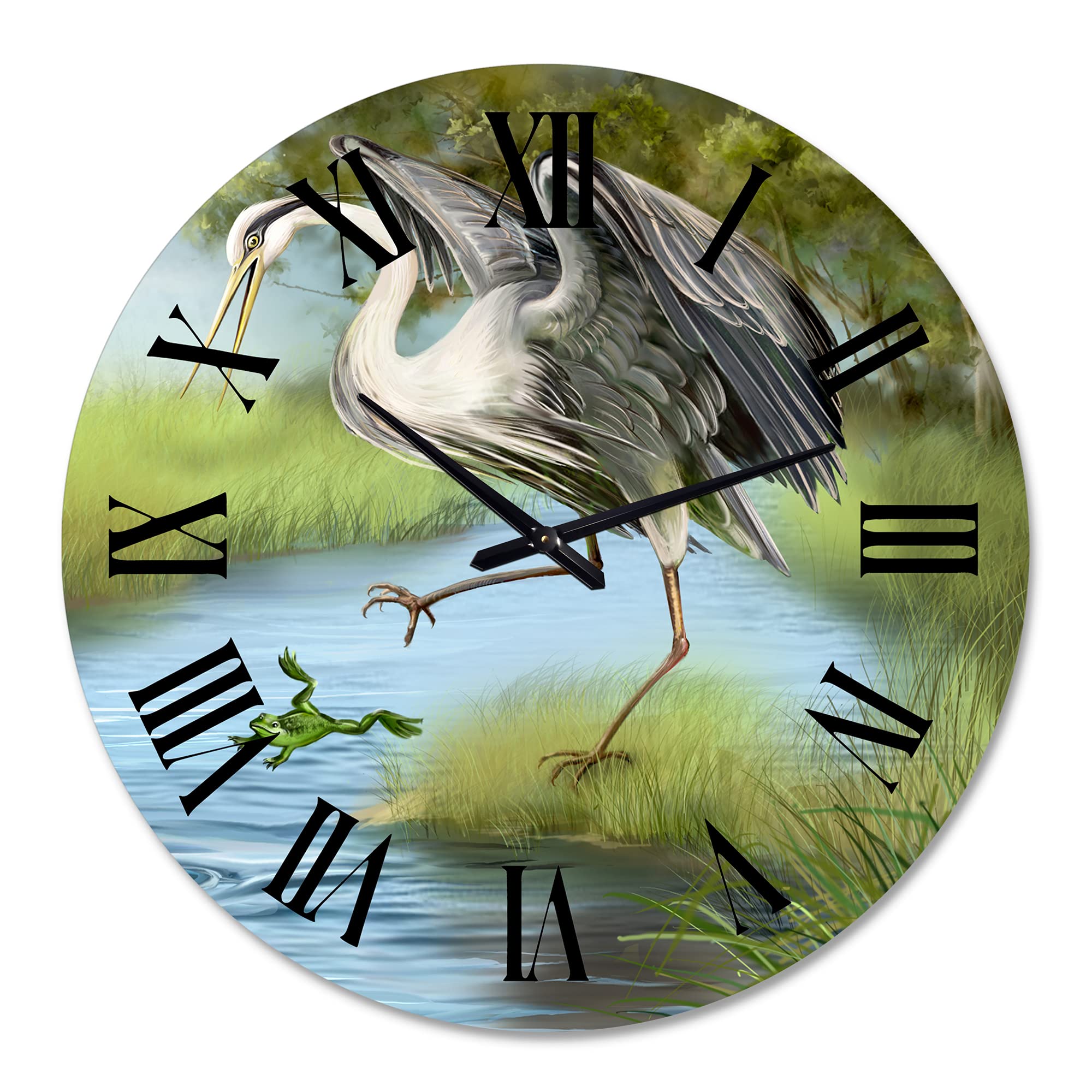 Farmhouse Wall Clock - 'Crane Hunting A Frog in The Water' Large Rustic Animal Wall Clock for Bedroom, Living Room & Kitchen Decor | Perfect for Home, Office & Cabin Décor