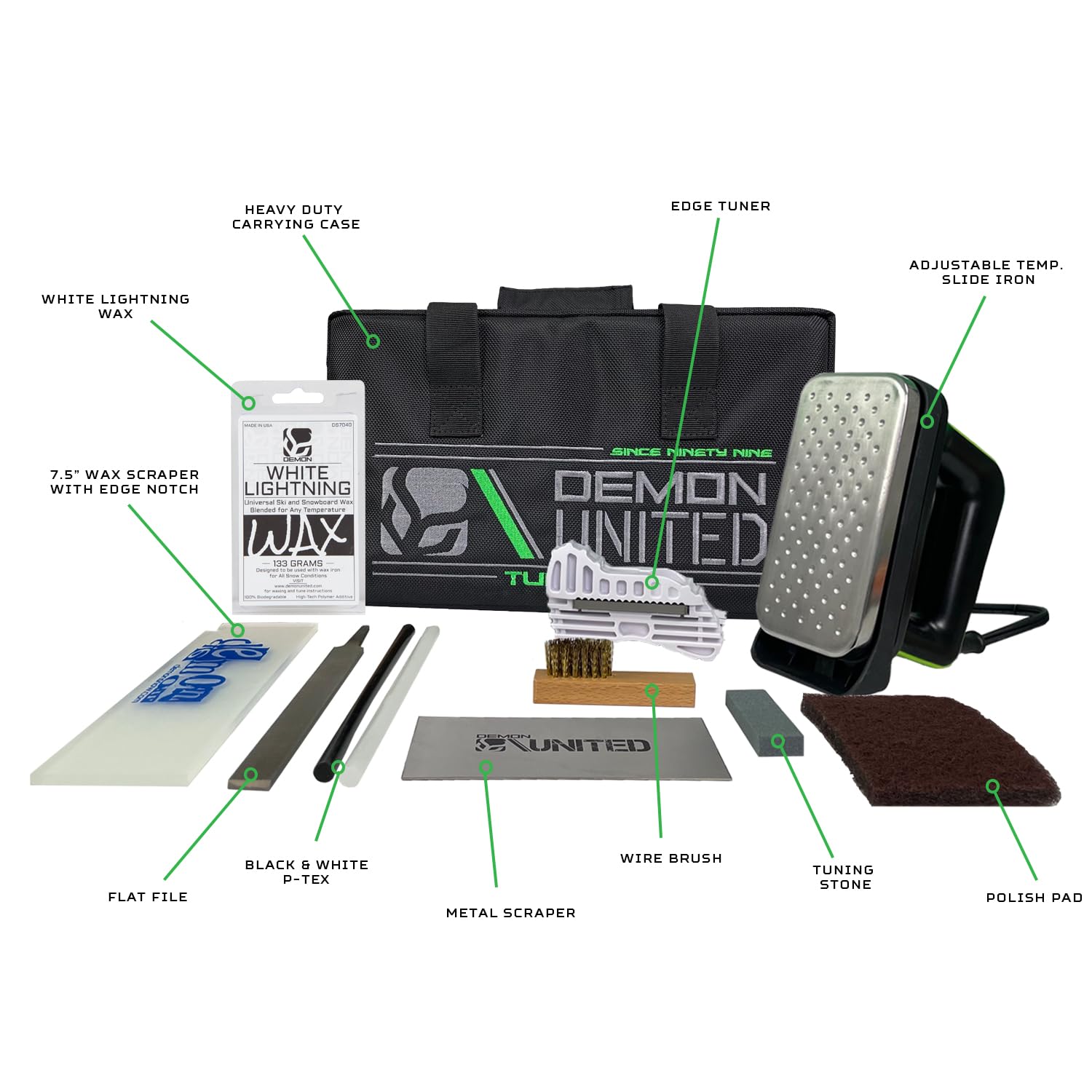 DEMON UNITED Complete Snowboard Tune Up Kit with Waxing Iron, All-Temperature Wax, Base Cleaner & Wall Mount Hangers - Perfect for Winter Sports Maintenance & Snowboard Storage